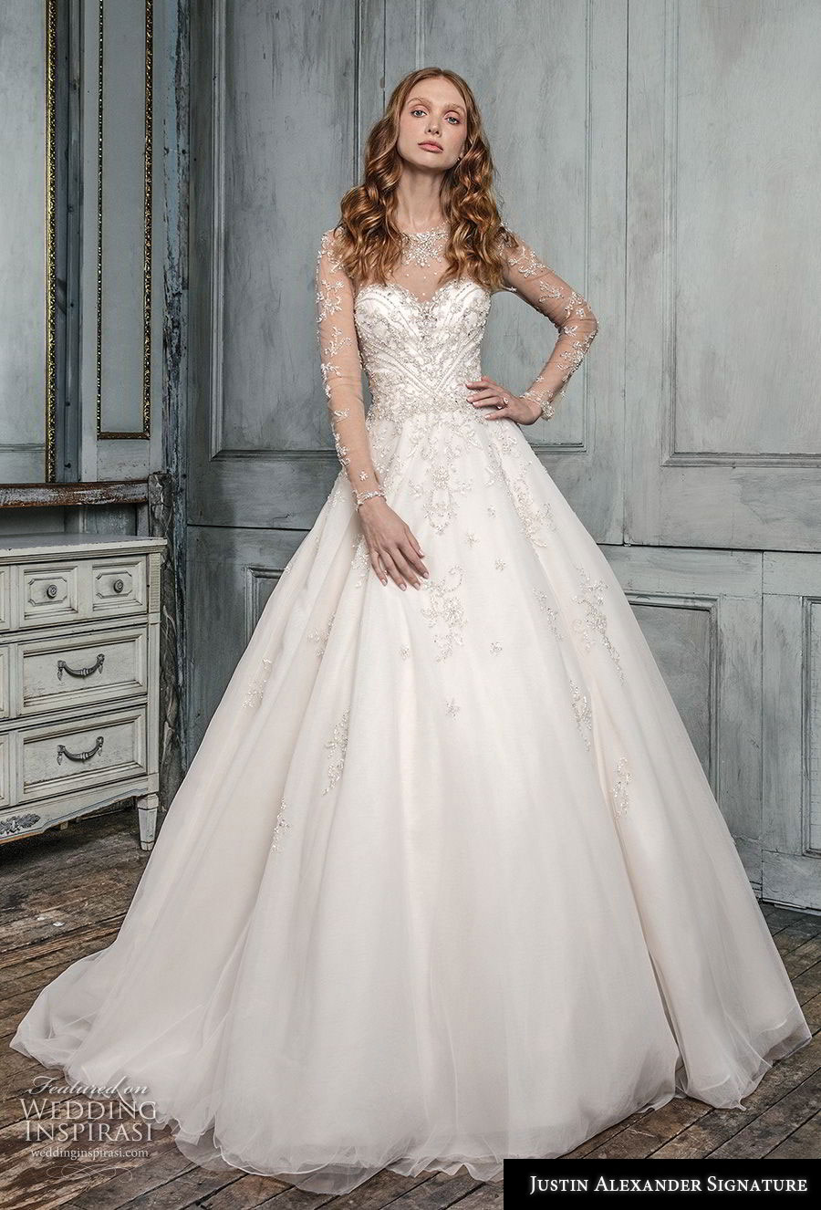 justin alexander fall 2018 signature long sleeves illusion jewel heavily embellished bodice glitzy romantic glamorous ball gown a line wedding dress sheer button back chapel train (8) mv justin alexander fall 2018 signature long sleeves illusion jewel heavily embellished bodice glitzy romantic glamorous ball gown a line wedding dress sheer button back chapel train (8) mv