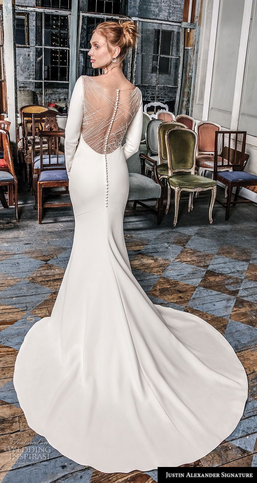 justin alexander fall 2018 signature long sleeves v neck simple minimalist elegant sheath fit and flare wedding dress sheer button back chapel train (12) bv