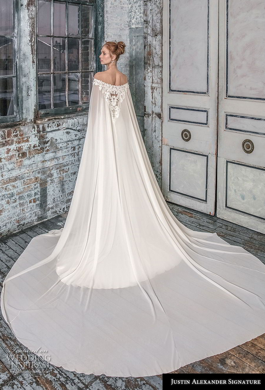 justin alexander fall 2018 signature off the shoulder cape strapless sweetheart neckline heavily embellished bodice elegant fit and flare wedding dress sweep train (9) bv justin alexander fall 2018 signature off the shoulder cape strapless sweetheart neckline heavily embellished bodice elegant fit and flare wedding dress sweep train (9) bv