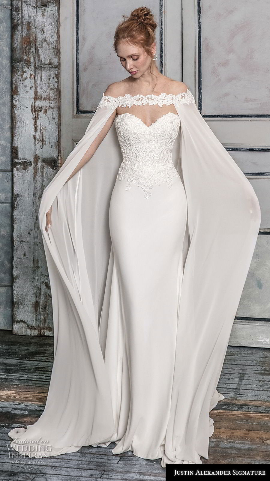 justin alexander fall 2018 signature off the shoulder cape strapless sweetheart neckline heavily embellished bodice elegant fit and flare wedding dress sweep train (9) mv justin alexander fall 2018 signature off the shoulder cape strapless sweetheart neckline heavily embellished bodice elegant fit and flare wedding dress sweep train (9) mv