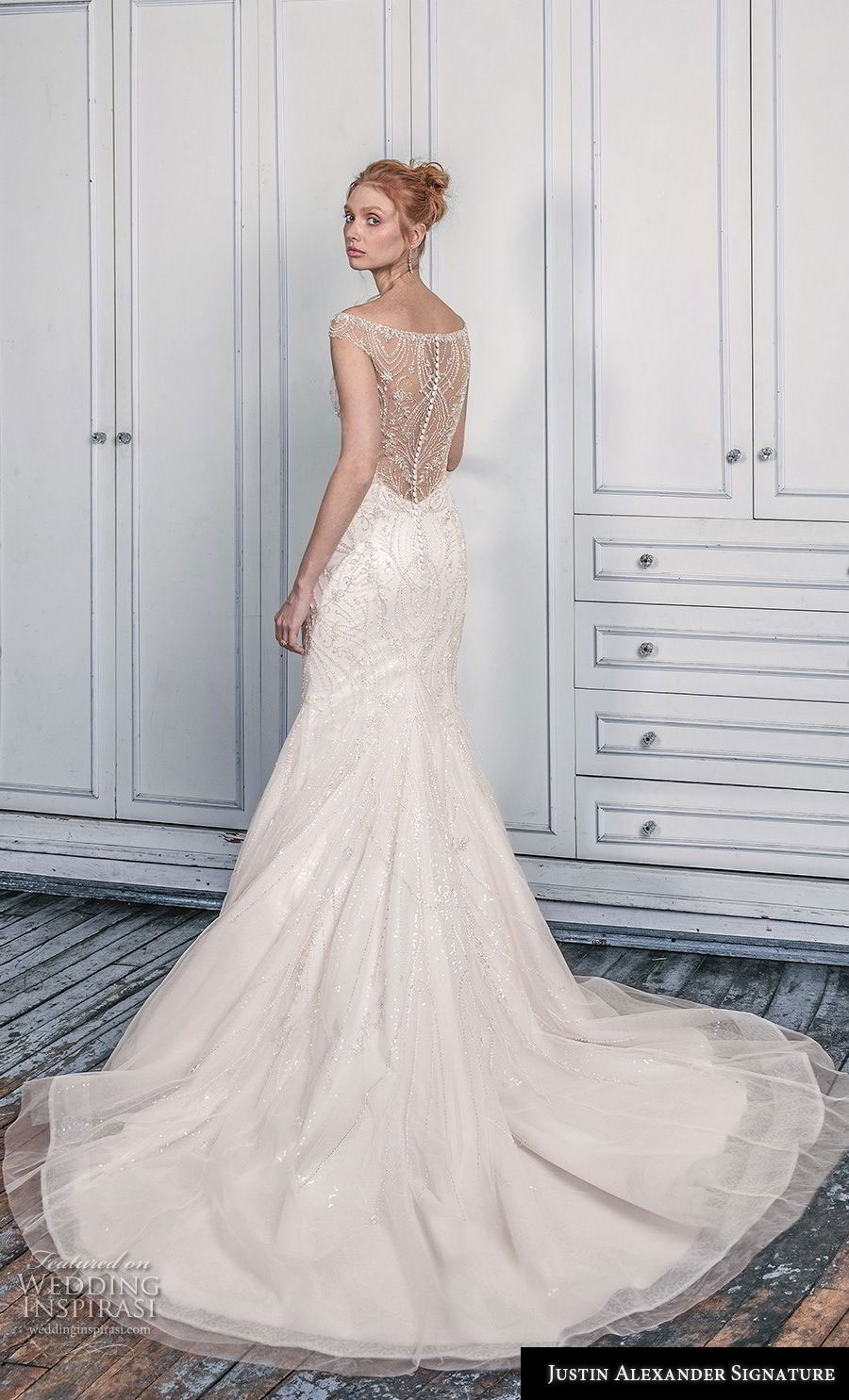 justin alexander fall 2018 signature off the shoulder sweetheart neckline heavily embellished bodice glizty elegant trumpet wedding dress lace button back chapel train (10) bv