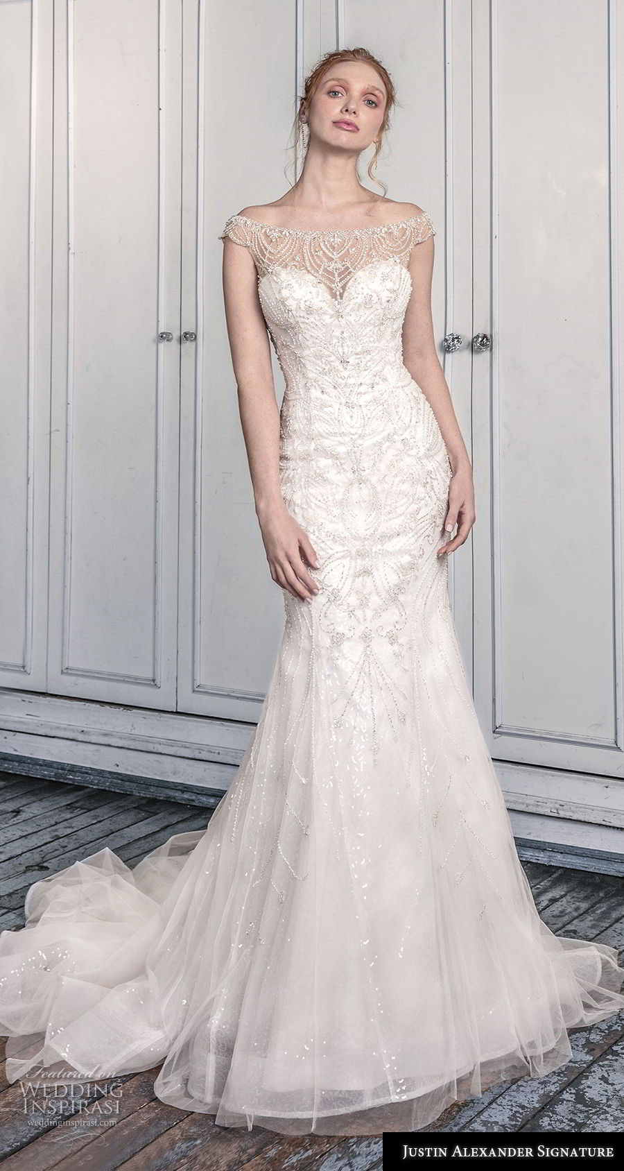 justin alexander fall 2018 signature off the shoulder sweetheart neckline heavily embellished bodice glizty elegant trumpet wedding dress lace button back chapel train (10) mv