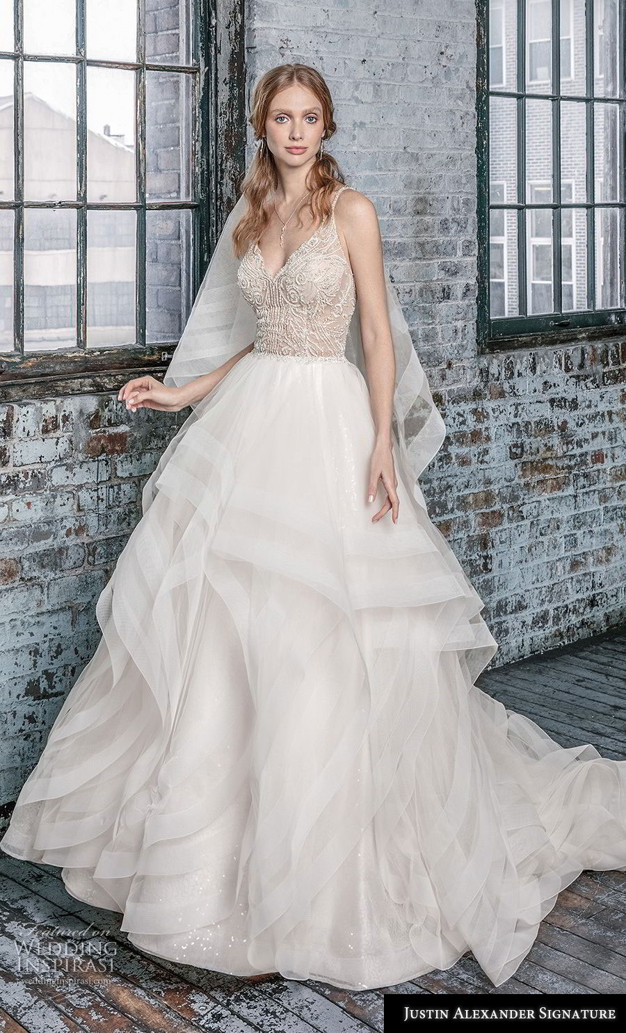 justin alexander fall 2018 signature sleeveless thin strap v neck heavily embellished bodice tiered skirt romantic ball gown a  line wedding dress open back chapel train (11) mv