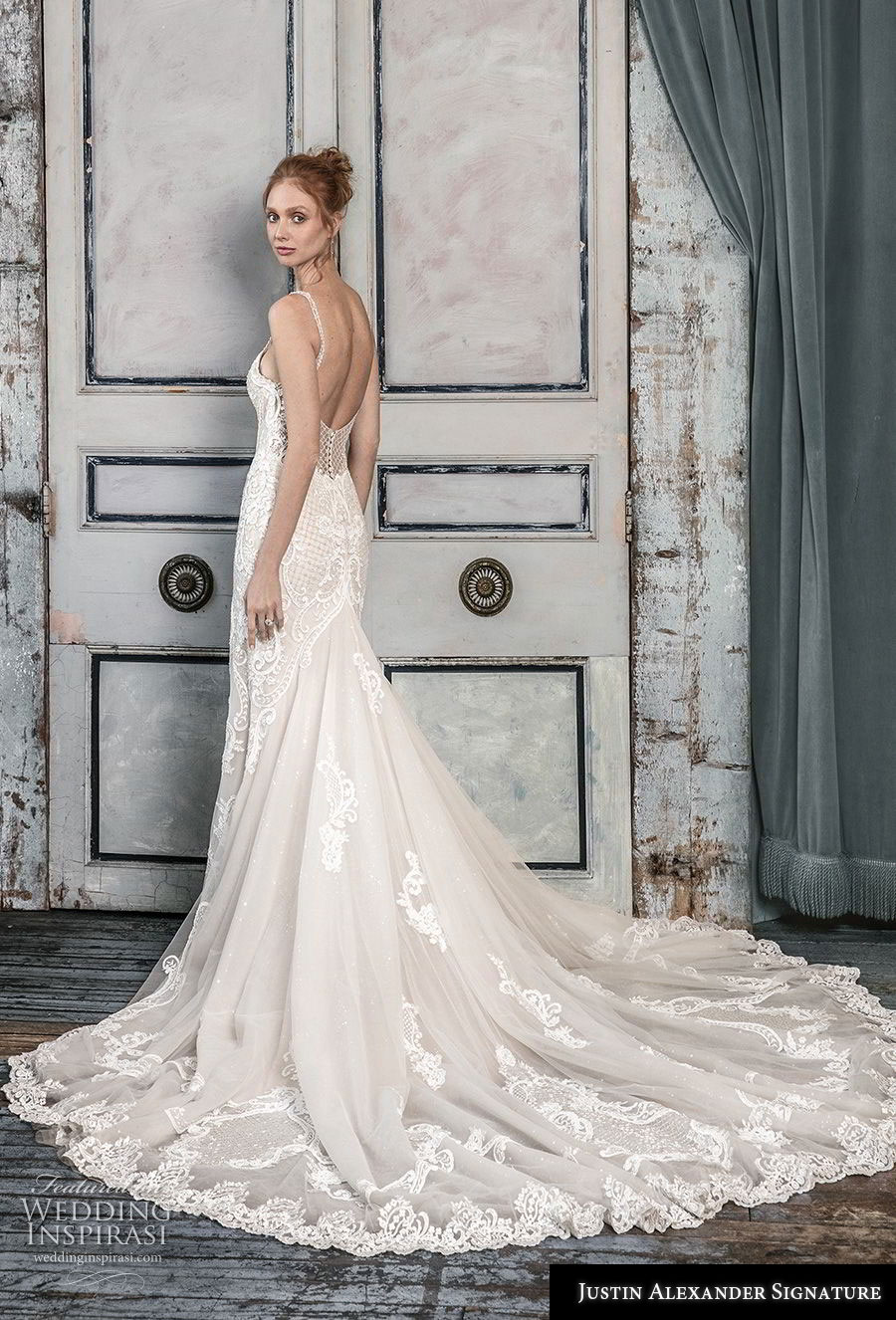 justin alexander fall 2018 signature sleeveless with strap illusion scoop deep plunging sweetheart neckline full embellishment elegant fit and flare wedding dress open back chapel train (5) bv