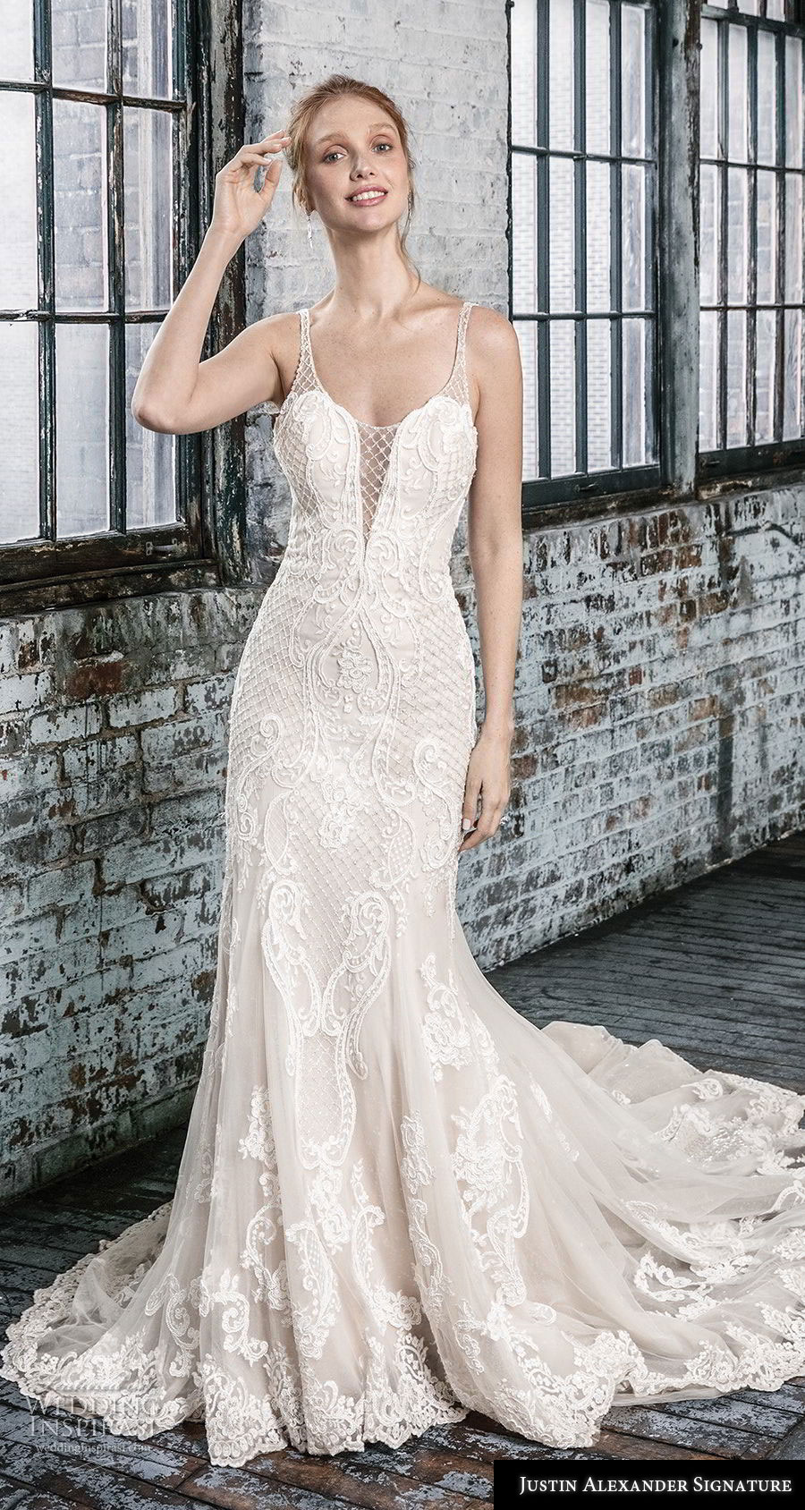 justin alexander fall 2018 signature sleeveless with strap illusion scoop deep plunging sweetheart neckline full embellishment elegant fit and flare wedding dress open back chapel train (5) mv