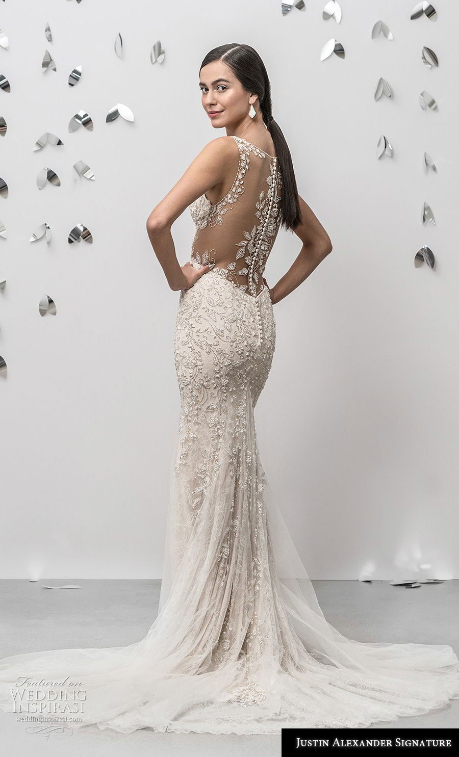 justin alexander fall 2018 signature sleeveless with strap v neck heavily embellished bodice elegant champagne sheath fit and flare wedding dress sheer button back chapel train (18) bv