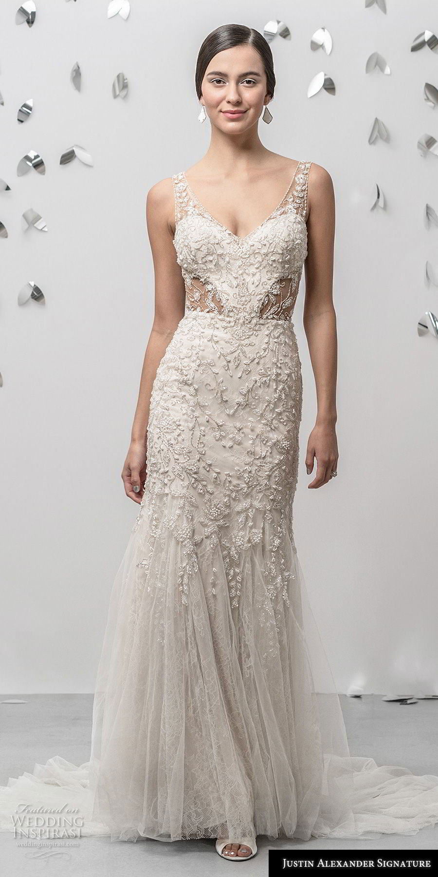 justin alexander fall 2018 signature sleeveless with strap v neck heavily embellished bodice elegant champagne sheath fit and flare wedding dress sheer button back chapel train (18) mv