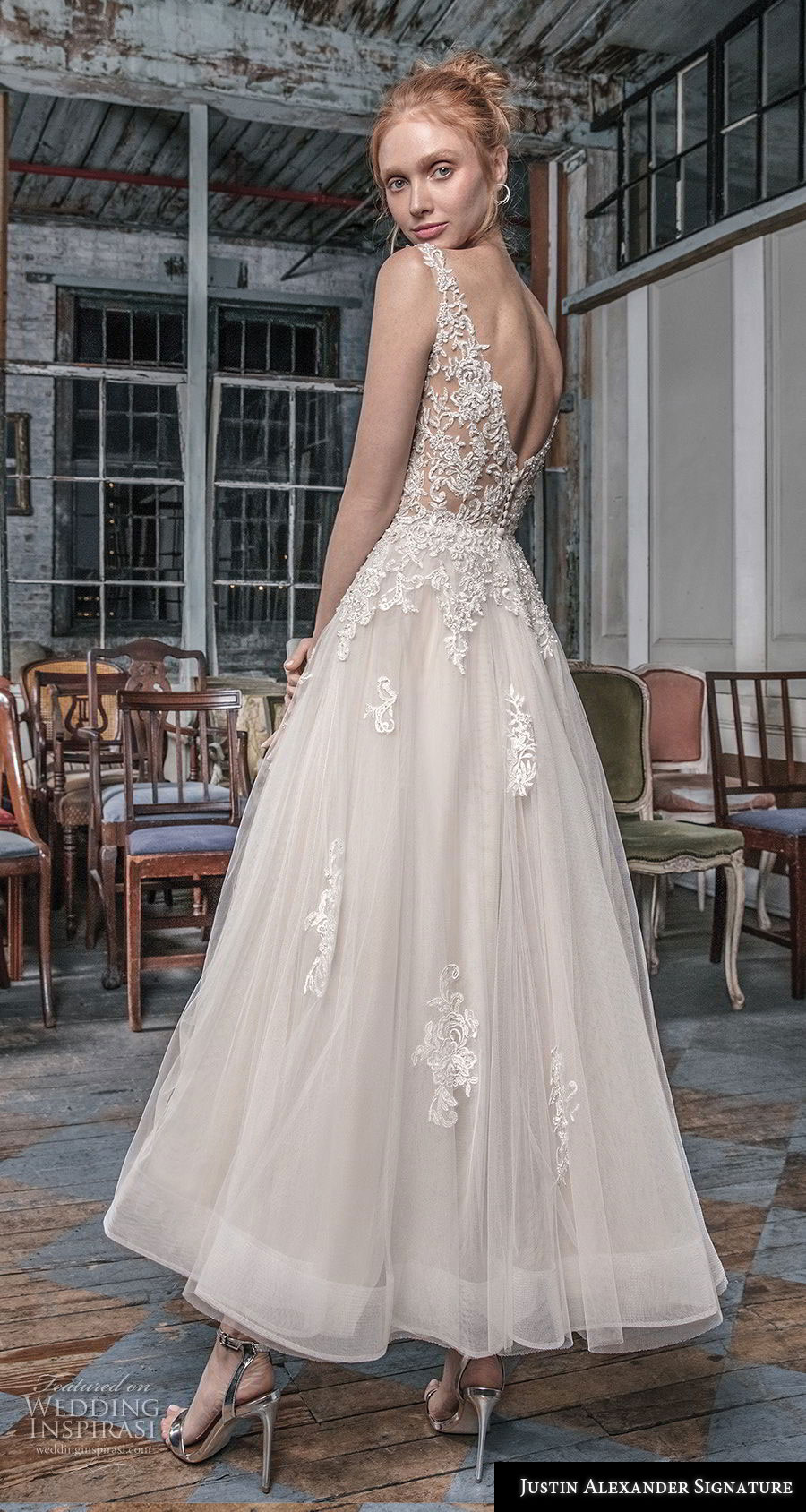 justin alexander fall 2018 signature sleeveless with strap v neck heavily embellished bodice romantic tea length short wedding dress open v back (15) bv