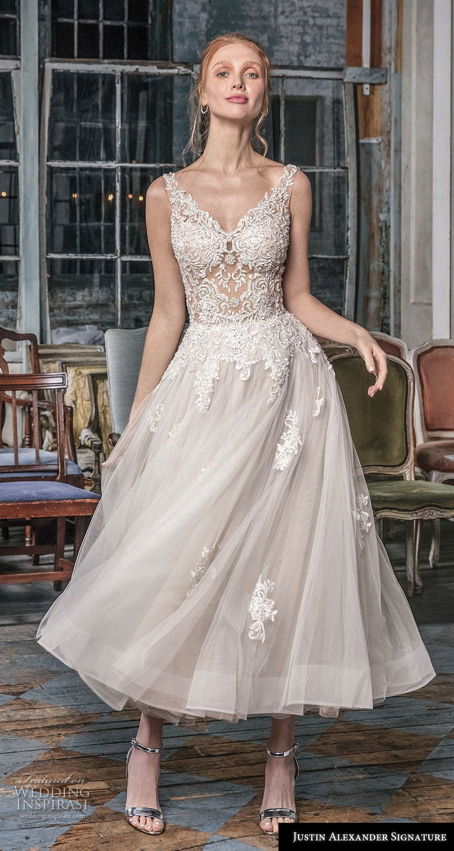 justin alexander fall 2018 signature sleeveless with strap v neck heavily embellished bodice romantic tea length short wedding dress open v back (15) mv