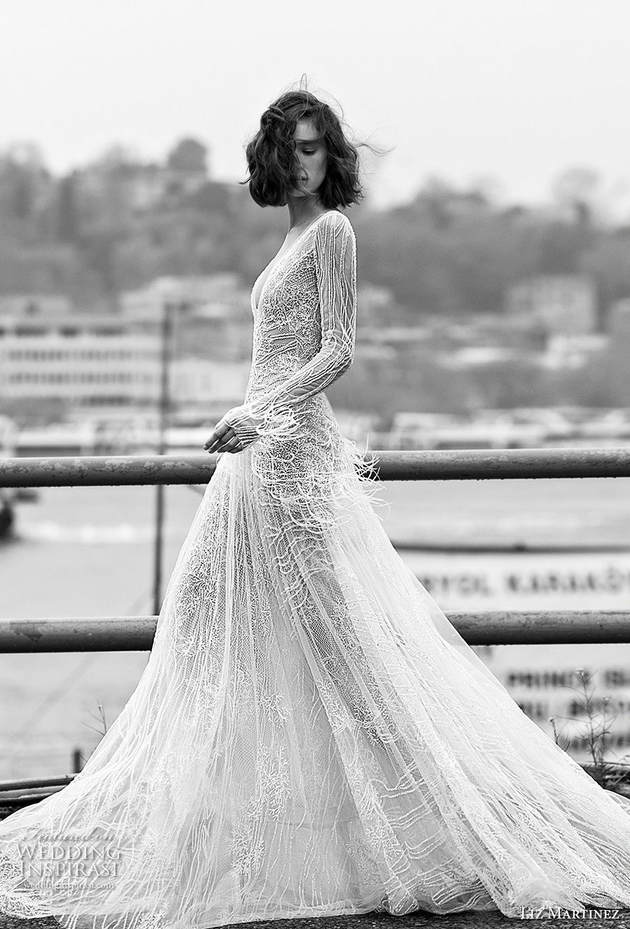 liz martinez 2019 bridal long sleeves deep v neck full embellishement fringes glamorous modern modified wedding dress open v back sweep train (7) sdv