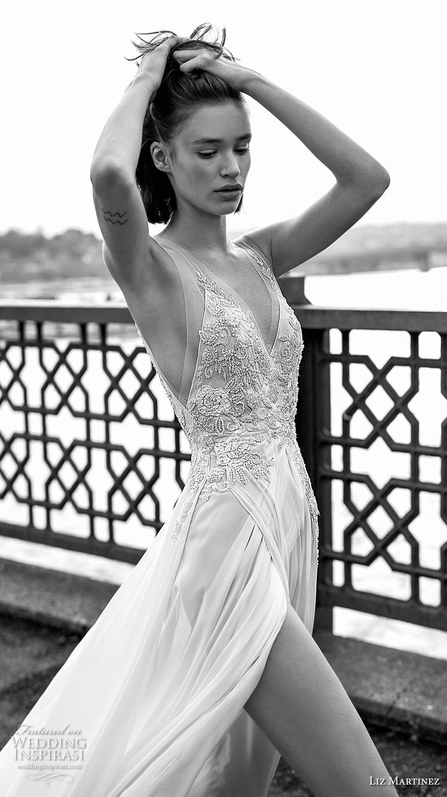 liz martinez 2019 bridal sleeveless deep v neck heavily embellished bodice slit skirt romantic sexy soft a  line wedding dress open v back (9) zv mv