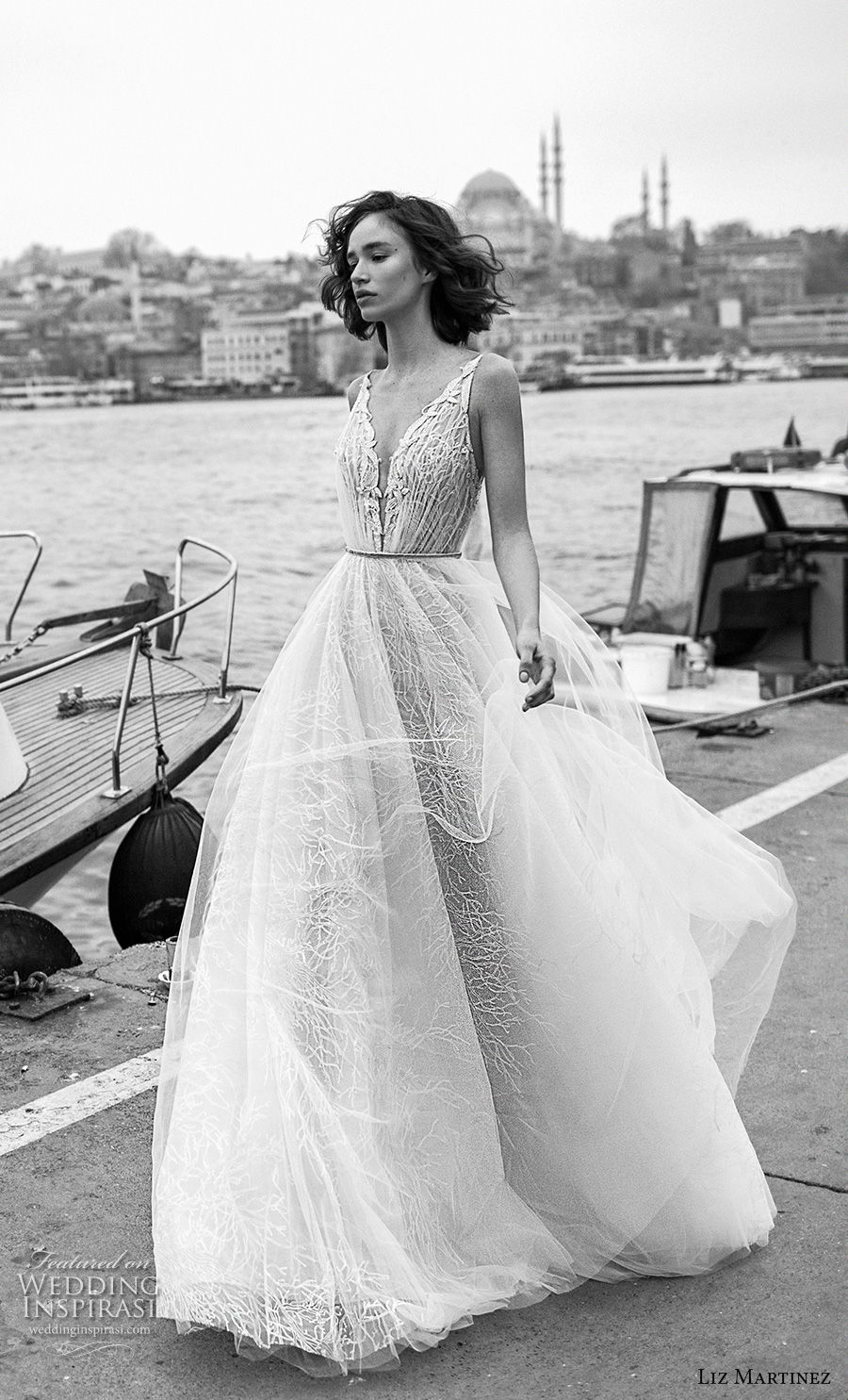 liz martinez 2019 bridal sleeveless deep v neck heavily embellished bodice tulle skirt romantic soft a  line wedding dress open back sweep train (12) mv