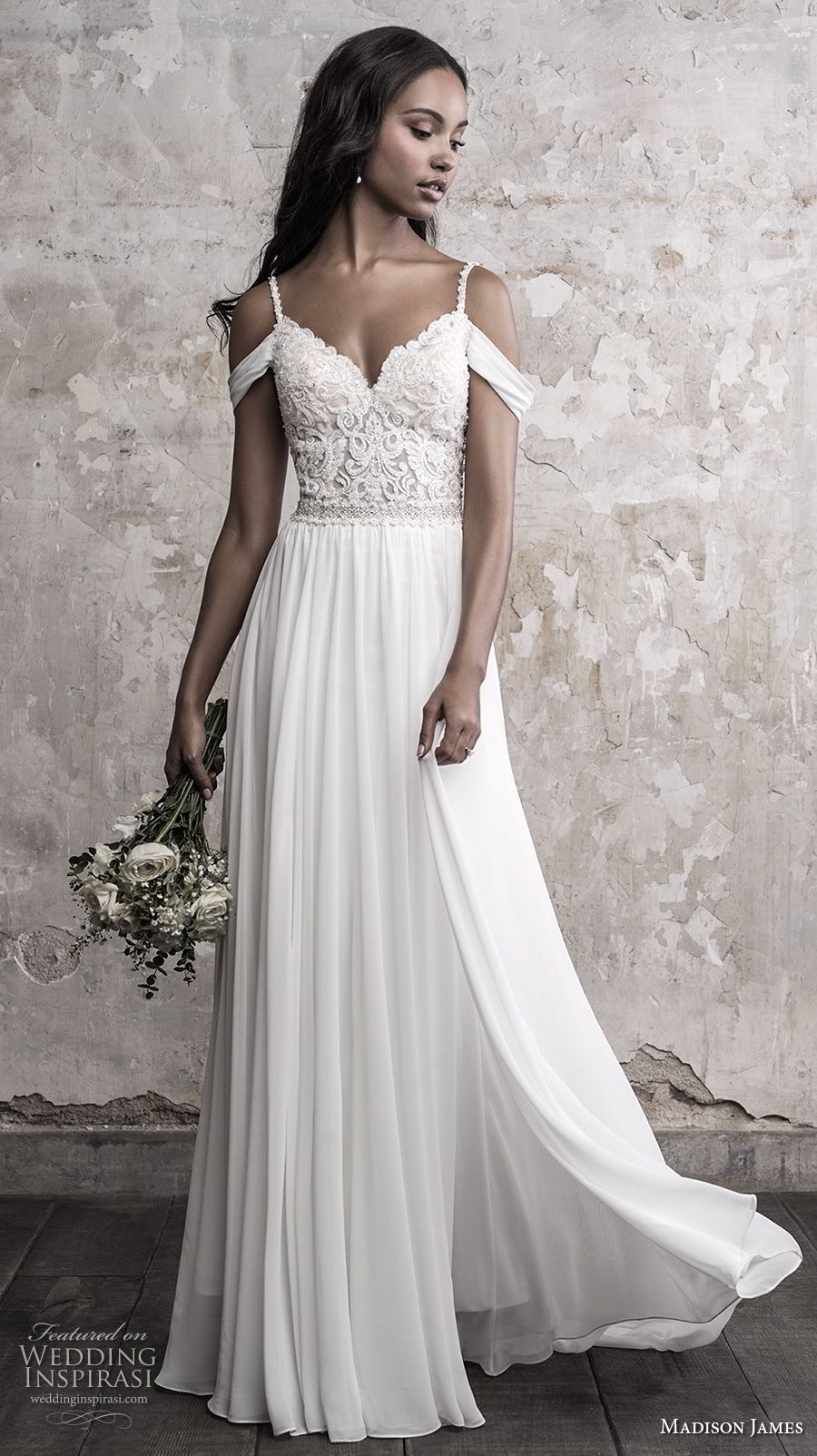 madison james fall 2018 bridal cold shoulder spaghetti strap sweetheart neckline heavily embellished bodice romantic soft a  line wedding dress open back chapel train (8) mv