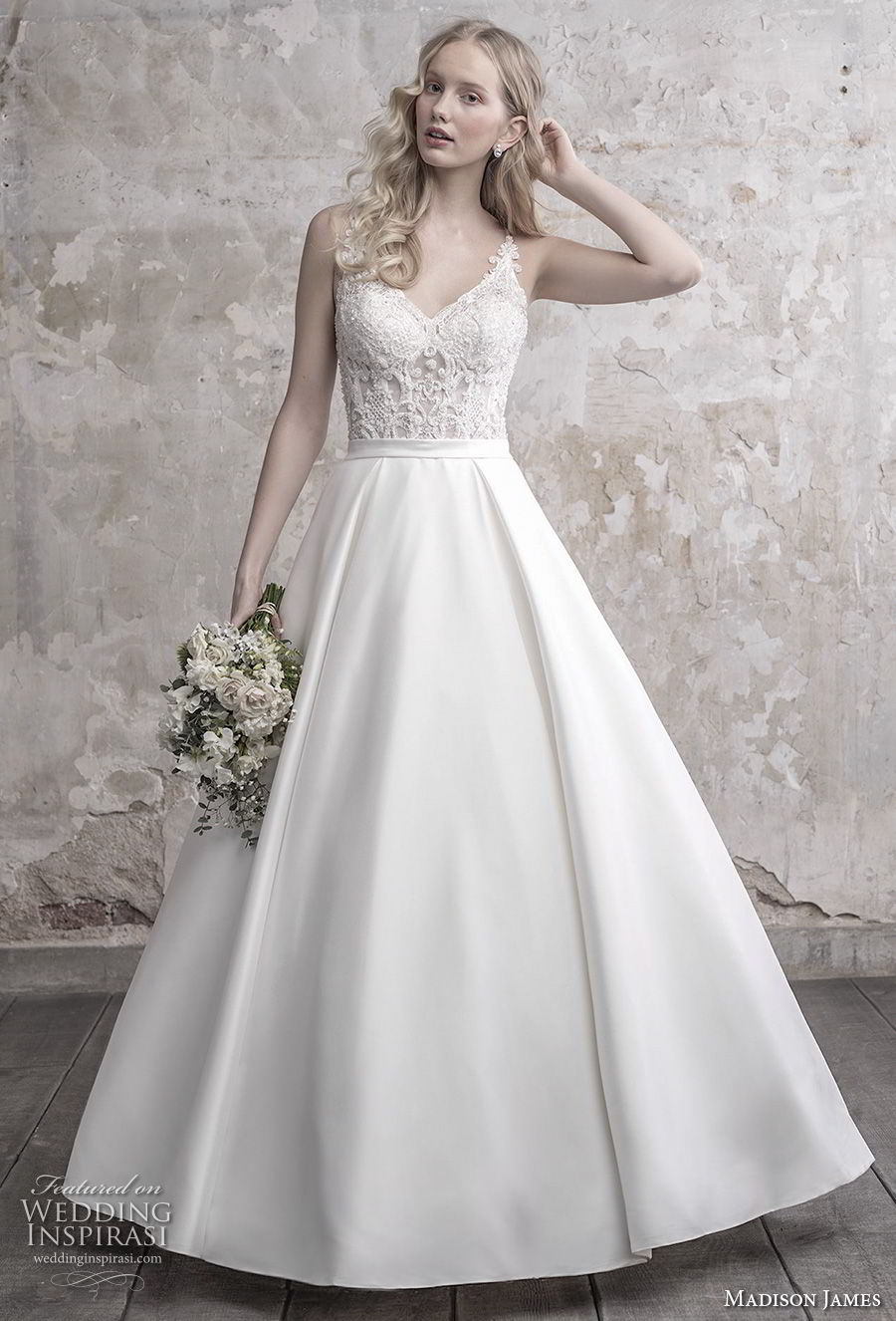 madison james fall 2018 bridal spaghetti strap diamond neck heavily embellished bodice satin skirt romantic a  line wedding dress full lace back long train (9) mv