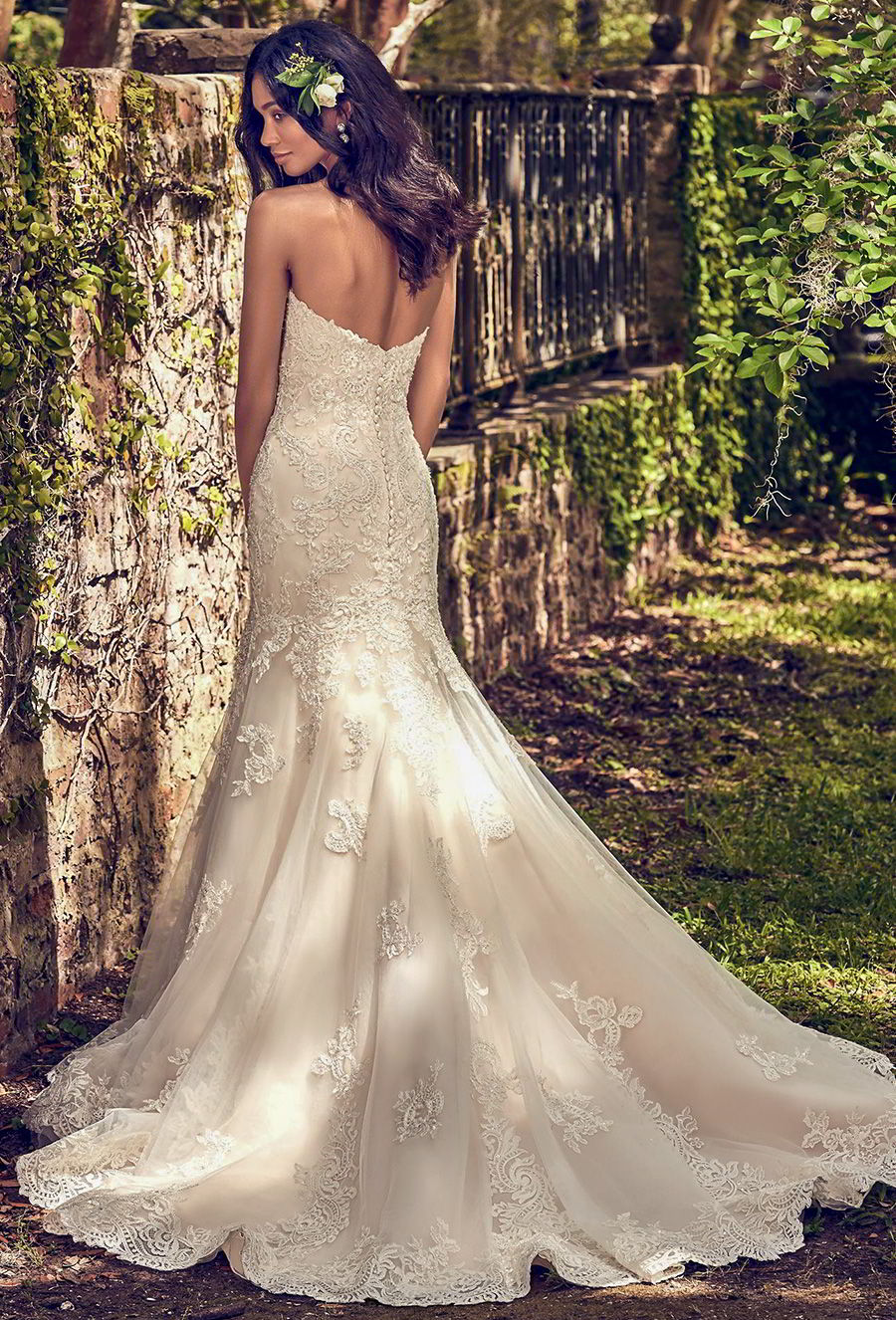 maggie sottero 2018 gold dress (saige) strapless sweetheart fit flare lace wedding dress light gold color bv elegant