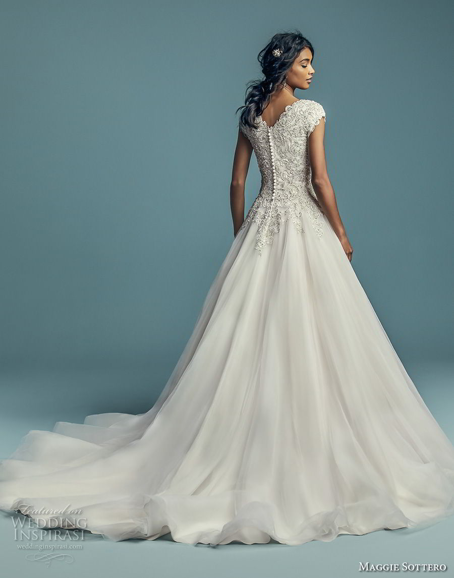 maggie sottero fall 2018 bridal cap sleeves scoop neck heavily embellished bodice romantic modest a line wedding dress covered back chapel train (8) bv maggie sottero fall 2018 bridal cap sleeves scoop neck heavily embellished bodice romantic modest a line wedding dress covered back chapel train (8) bv