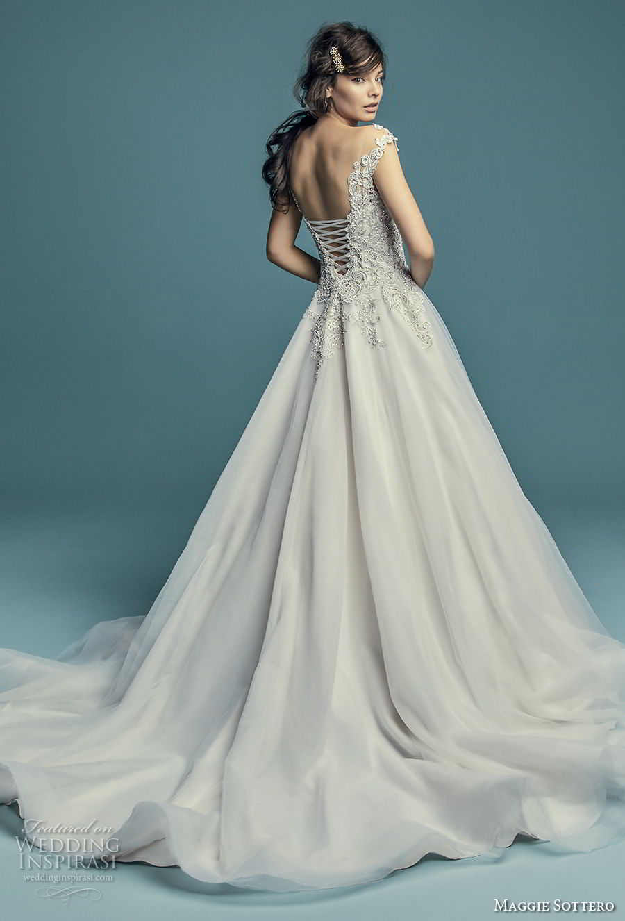 maggie sottero fall 2018 bridal cap sleeves v neck heavily embellished bodice tulle skirt romantic a line wedding dress corset back chapel train (9) bv maggie sottero fall 2018 bridal cap sleeves v neck heavily embellished bodice tulle skirt romantic a line wedding dress corset back chapel train (9) bv