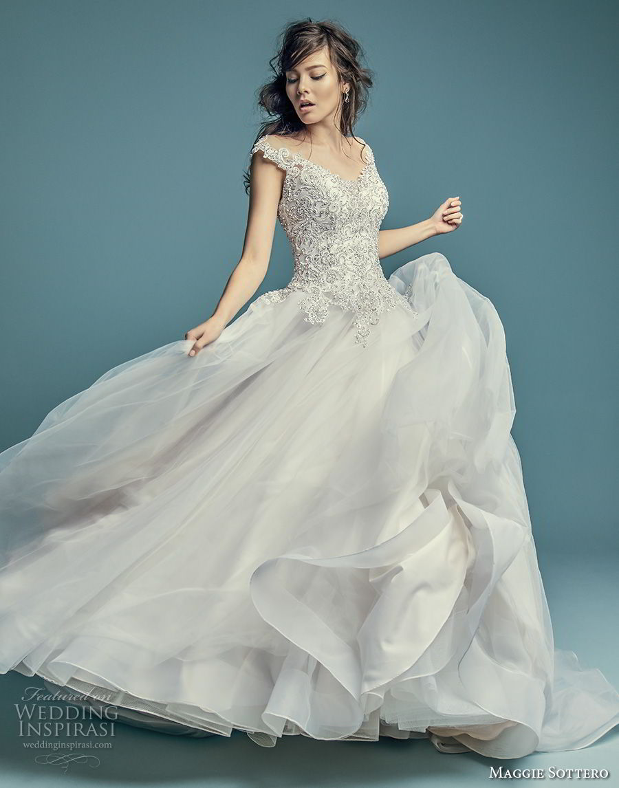 maggie sottero fall 2018 bridal cap sleeves v neck heavily embellished bodice tulle skirt romantic a line wedding dress corset back chapel train (9) mv maggie sottero fall 2018 bridal cap sleeves v neck heavily embellished bodice tulle skirt romantic a line wedding dress corset back chapel train (9) mv