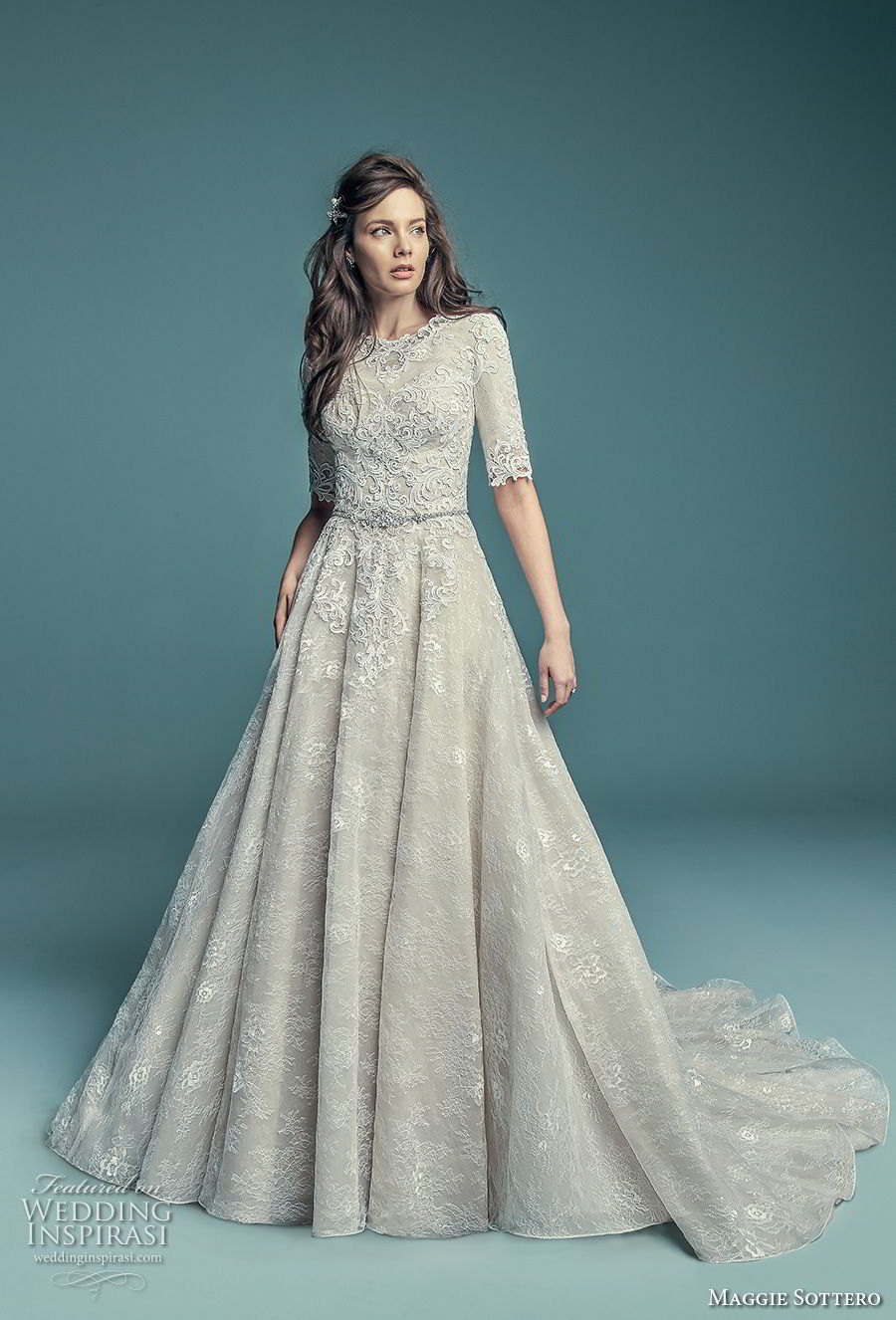 maggie sottero fall 2018 bridal half sleeves jewel neck full embellishment elegant modest a line wedding dress covered back chapel train (2) mv maggie sottero fall 2018 bridal half sleeves jewel neck full embellishment elegant modest a line wedding dress covered back chapel train (2) mv