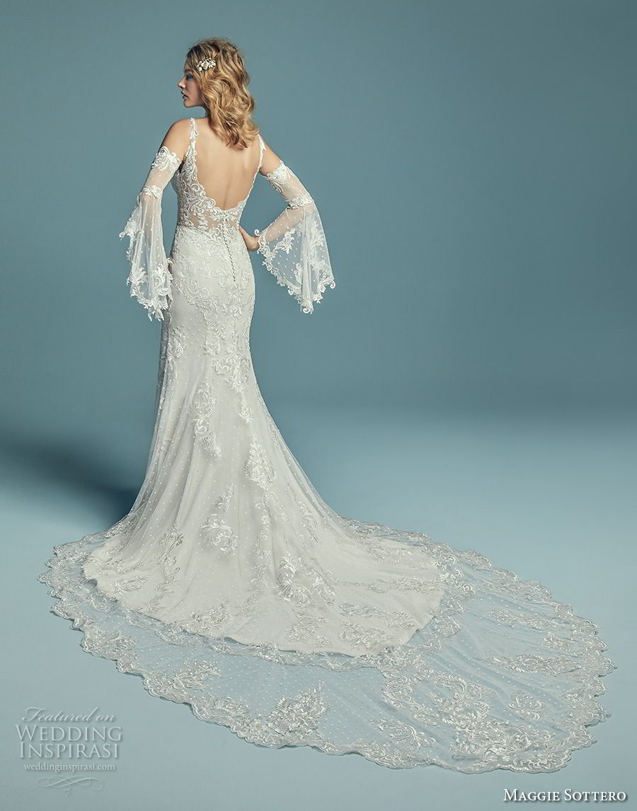 maggie sottero fall 2018 bridal long bell sleeves cold shoulder v neck full embellishment elegant fit and flare wedding dress open scoop back chapel train (16) bv maggie sottero fall 2018 bridal long bell sleeves cold shoulder v neck full embellishment elegant fit and flare wedding dress open scoop back chapel train (16) bv