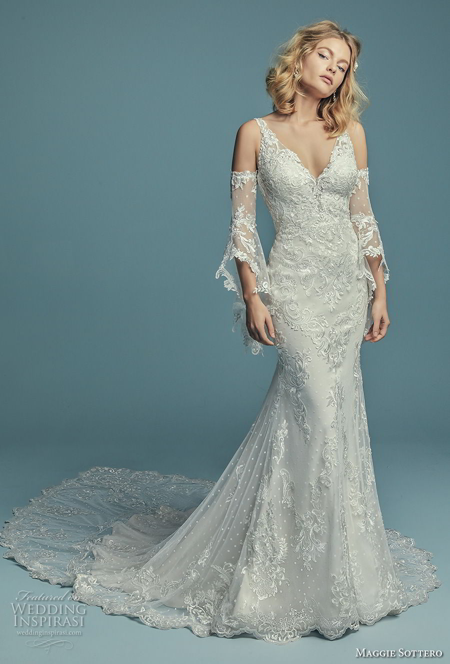 maggie sottero fall 2018 bridal long bell sleeves cold shoulder v neck full embellishment elegant fit and flare wedding dress open scoop back chapel train (16) mv maggie sottero fall 2018 bridal long bell sleeves cold shoulder v neck full embellishment elegant fit and flare wedding dress open scoop back chapel train (16) mv