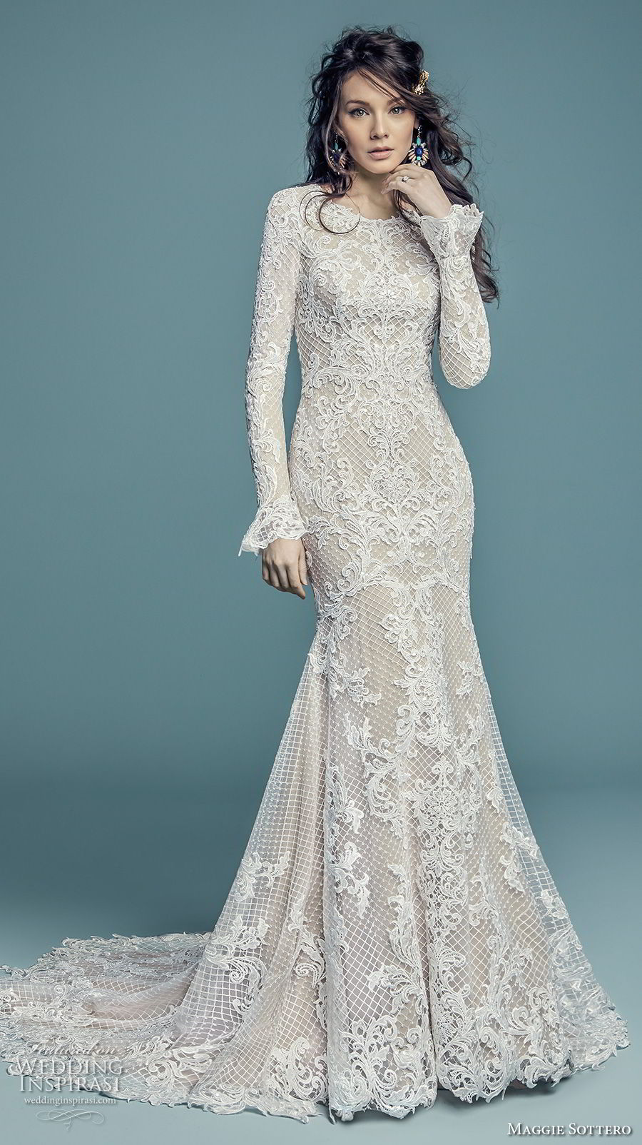 maggie sottero fall 2018 bridal long poet sleeves jewel neck full embellishment elegant modest fit and flare wedding dress covered back chapel train (12) mv maggie sottero fall 2018 bridal long poet sleeves jewel neck full embellishment elegant modest fit and flare wedding dress covered back chapel train (12) mv