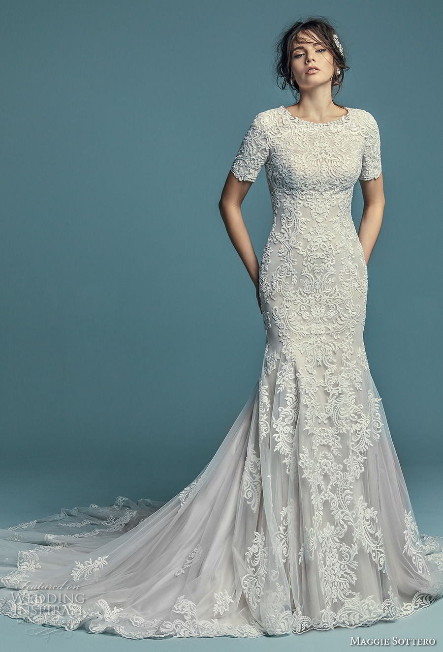 maggie sottero fall 2018 bridal short sleeves jewel neck full embellishment elegant modest fit and flare wedding dress covered back chapel train (7) mv maggie sottero fall 2018 bridal short sleeves jewel neck full embellishment elegant modest fit and flare wedding dress covered back chapel train (7) mv