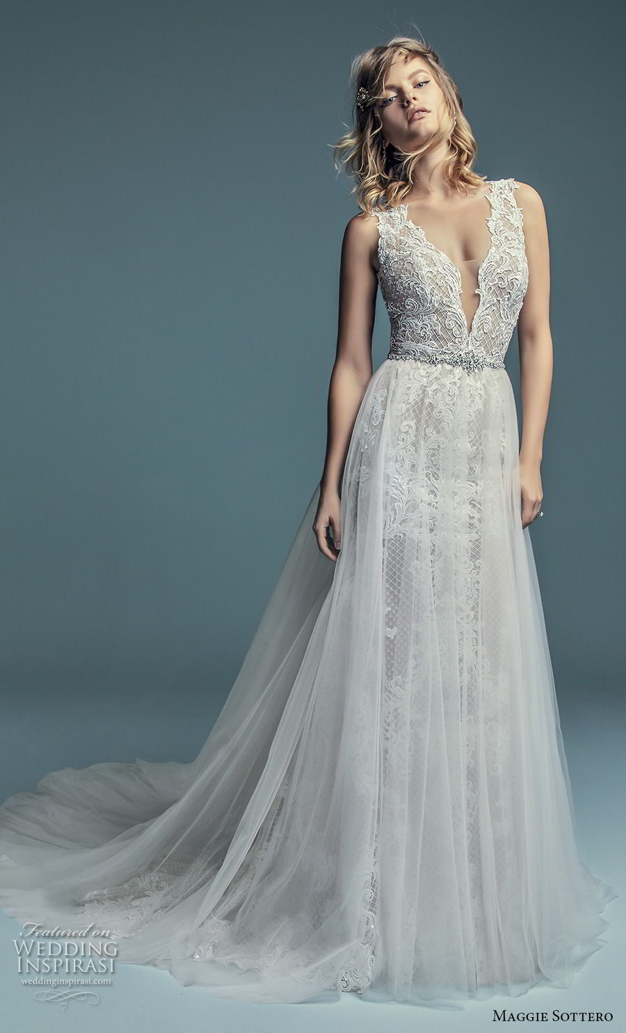 maggie sottero fall 2018 bridal sleeveless deep v neck full embellishment tulle skirt romantic a line wedding dress open back chapel train (13) mv maggie sottero fall 2018 bridal sleeveless deep v neck full embellishment tulle skirt romantic a line wedding dress open back chapel train (13) mv