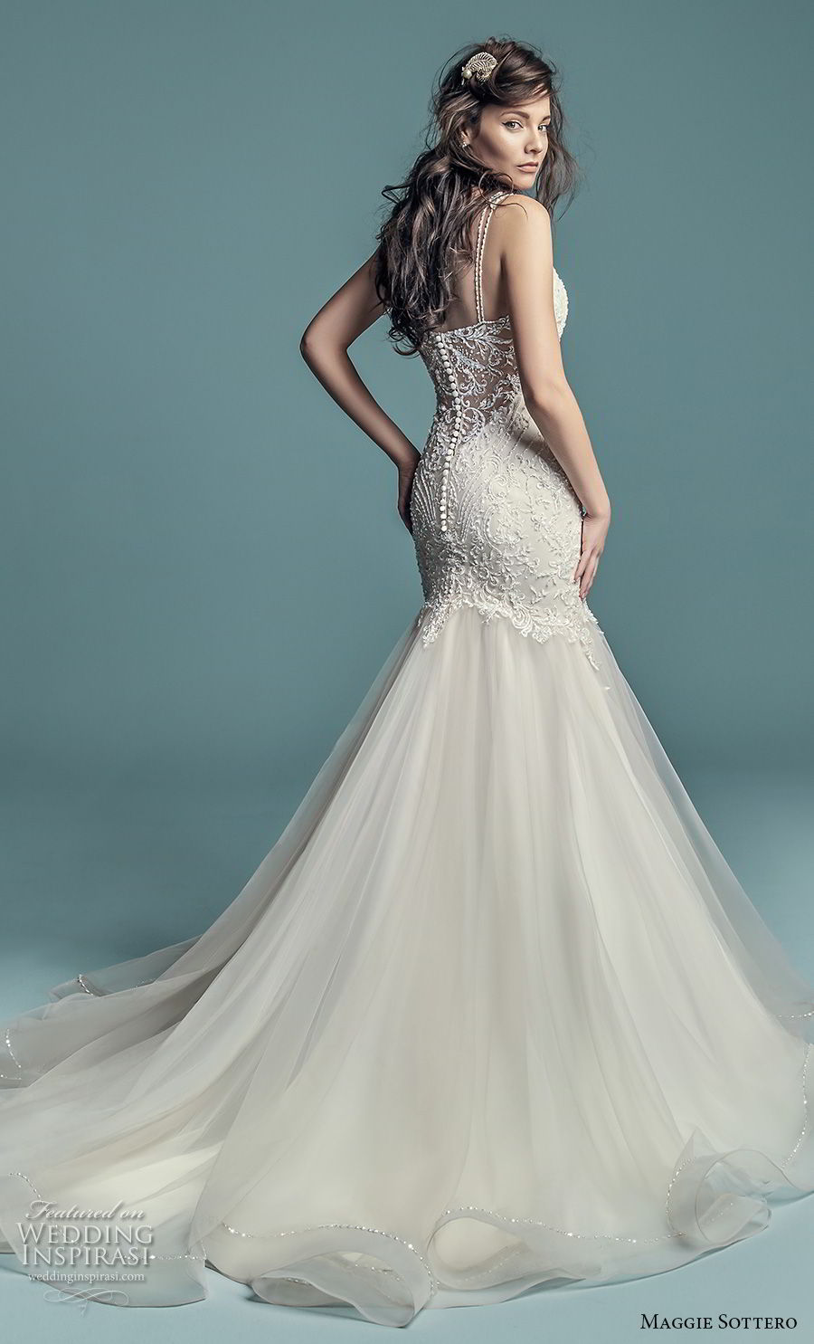 maggie sottero fall 2018 bridal sleeveless illusion jewel neck sweetheart neckline heavily embellished bodice elegant mermaid wedding dress chapel train (4) bv