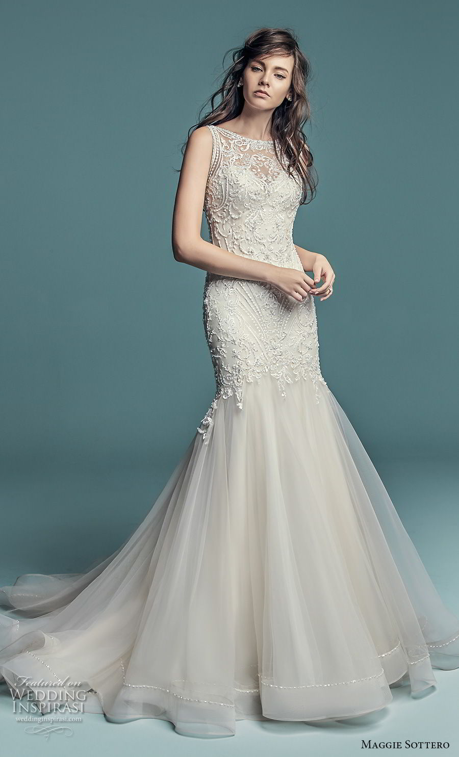 maggie sottero fall 2018 bridal sleeveless illusion jewel neck sweetheart neckline heavily embellished bodice elegant mermaid wedding dress chapel train (4) mv