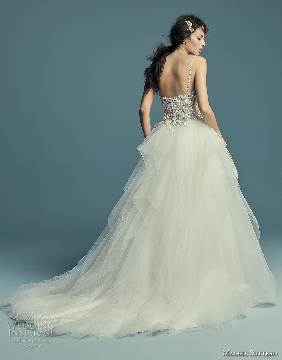 maggie sottero fall 2018 bridal sleeveless spaghetti strap sweetheart neckline heavily embellished bodice tulle skirt romantic ball gown a line wedding dress chapel train (17) bv maggie sottero fall 2018 bridal sleeveless spaghetti strap sweetheart neckline heavily embellished bodice tulle skirt romantic ball gown a line wedding dress chapel train (17) bv