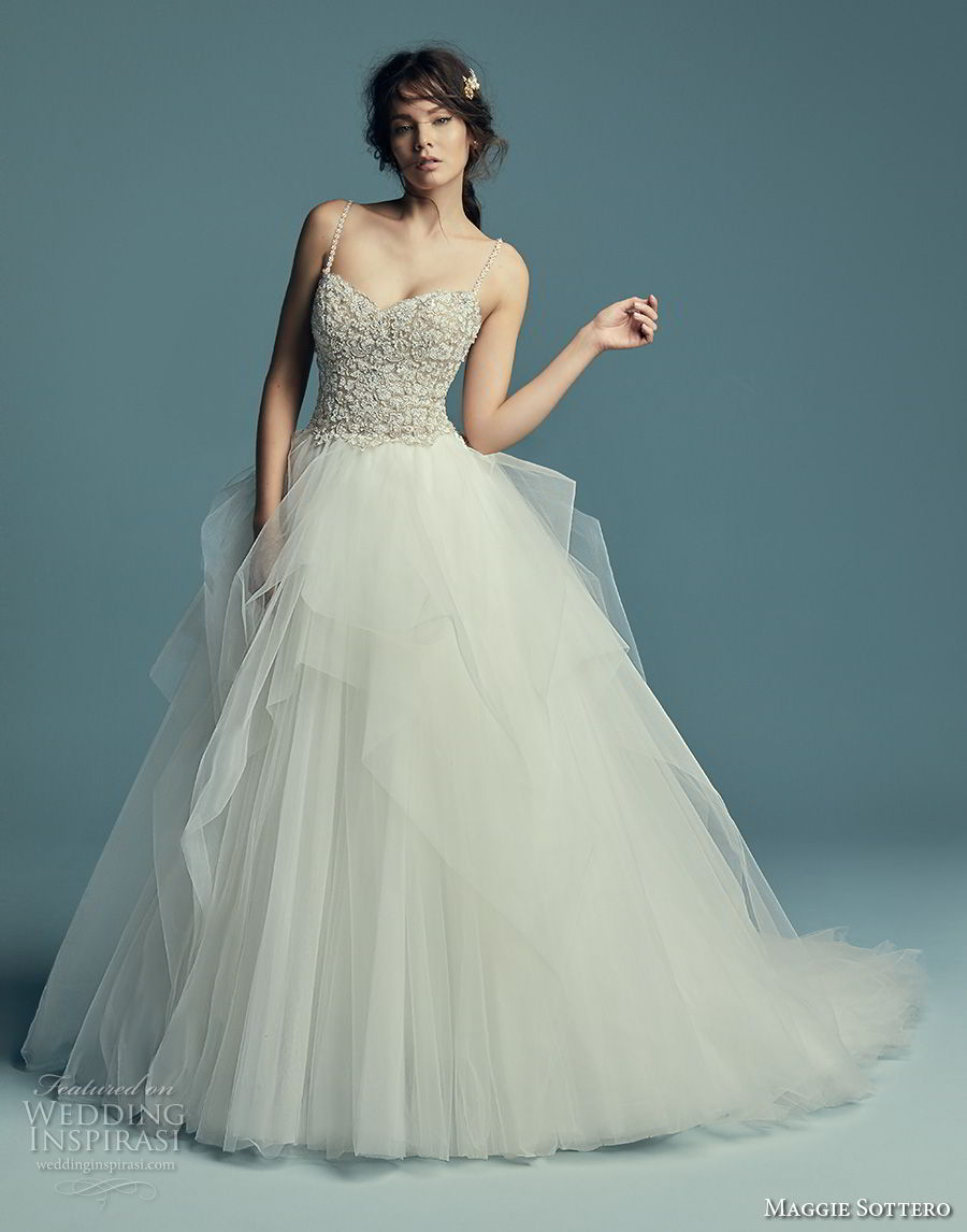 maggie sottero fall 2018 bridal sleeveless spaghetti strap sweetheart neckline heavily embellished bodice tulle skirt romantic ball gown a line wedding dress chapel train (17) mv maggie sottero fall 2018 bridal sleeveless spaghetti strap sweetheart neckline heavily embellished bodice tulle skirt romantic ball gown a line wedding dress chapel train (17) mv