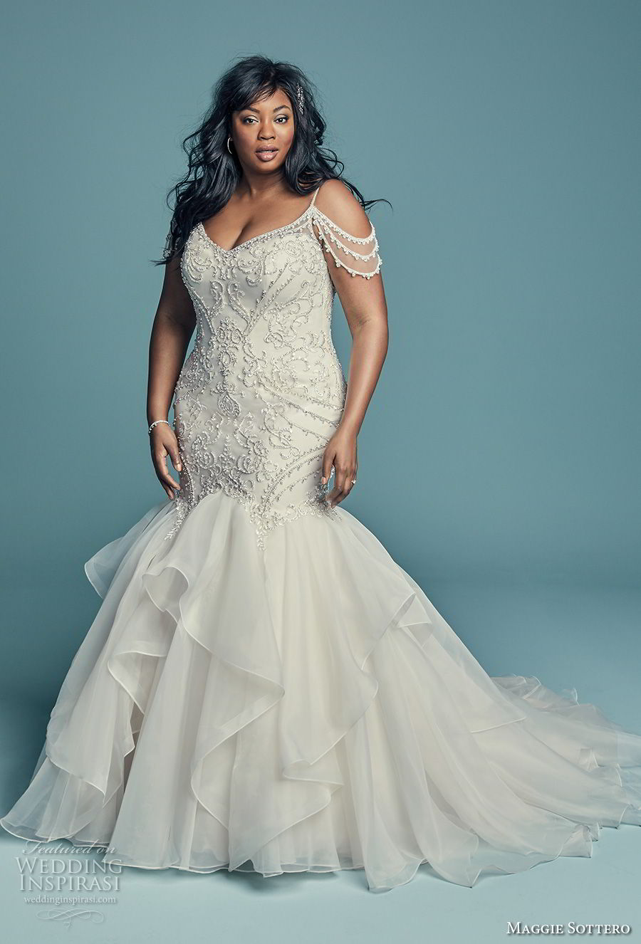 maggie sottero fall 2018 bridal spaghetti strap cold shoulder sweetheart neckline heavily embellished bodice glitzy glamorous elegant mermaid wedding dress chapel train (5) mv maggie sottero fall 2018 bridal spaghetti strap cold shoulder sweetheart neckline heavily embellished bodice glitzy glamorous elegant mermaid wedding dress chapel train (5) mv
