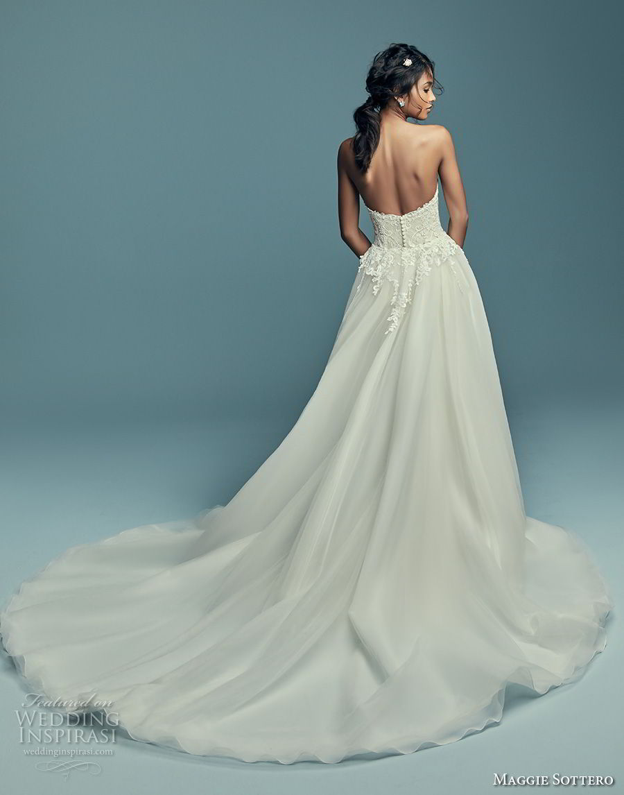 maggie sottero fall 2018 bridal strapless sweetheart neckline full embellishment elegant romantic fit and flare wedding dress a line overskirt chapel train (18) bv maggie sottero fall 2018 bridal strapless sweetheart neckline full embellishment elegant romantic fit and flare wedding dress a line overskirt chapel train (18) bv