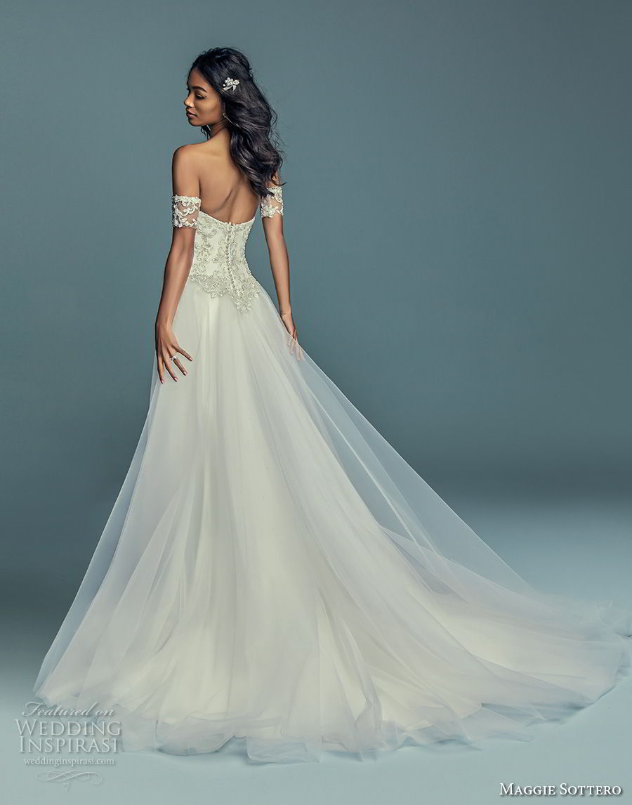 maggie sottero fall 2018 bridal strapless sweetheart neckline heavily embellished bodice satin skirt elegant fit and flare wedding dress a line overskirt chapel train (15) bv maggie sottero fall 2018 bridal strapless sweetheart neckline heavily embellished bodice satin skirt elegant fit and flare wedding dress a line overskirt chapel train (15) bv