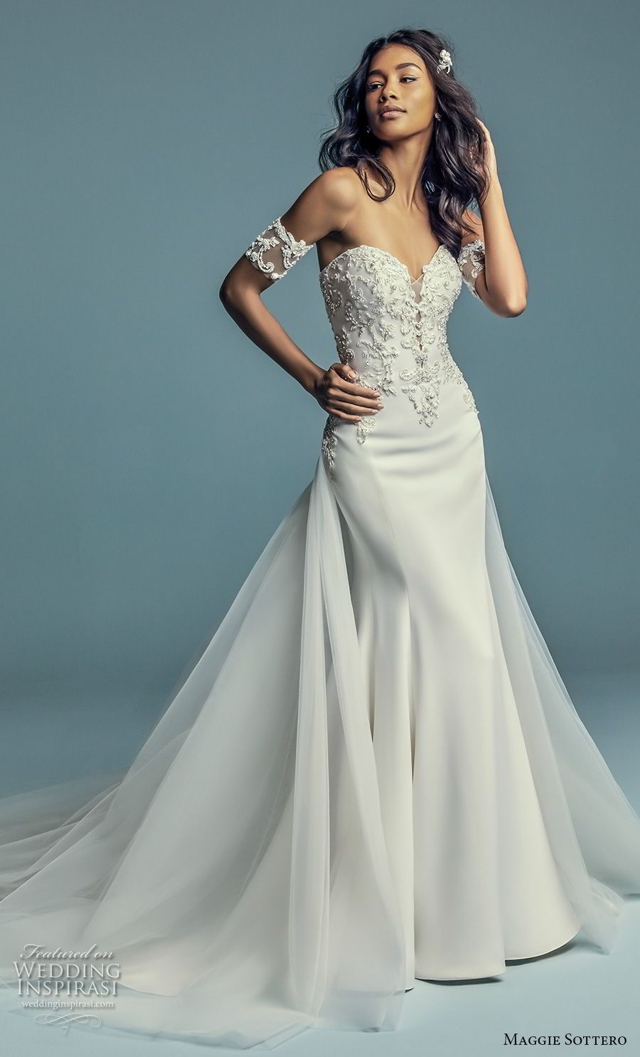 maggie sottero fall 2018 bridal strapless sweetheart neckline heavily embellished bodice satin skirt elegant fit and flare wedding dress a line overskirt chapel train (15) mv maggie sottero fall 2018 bridal strapless sweetheart neckline heavily embellished bodice satin skirt elegant fit and flare wedding dress a line overskirt chapel train (15) mv