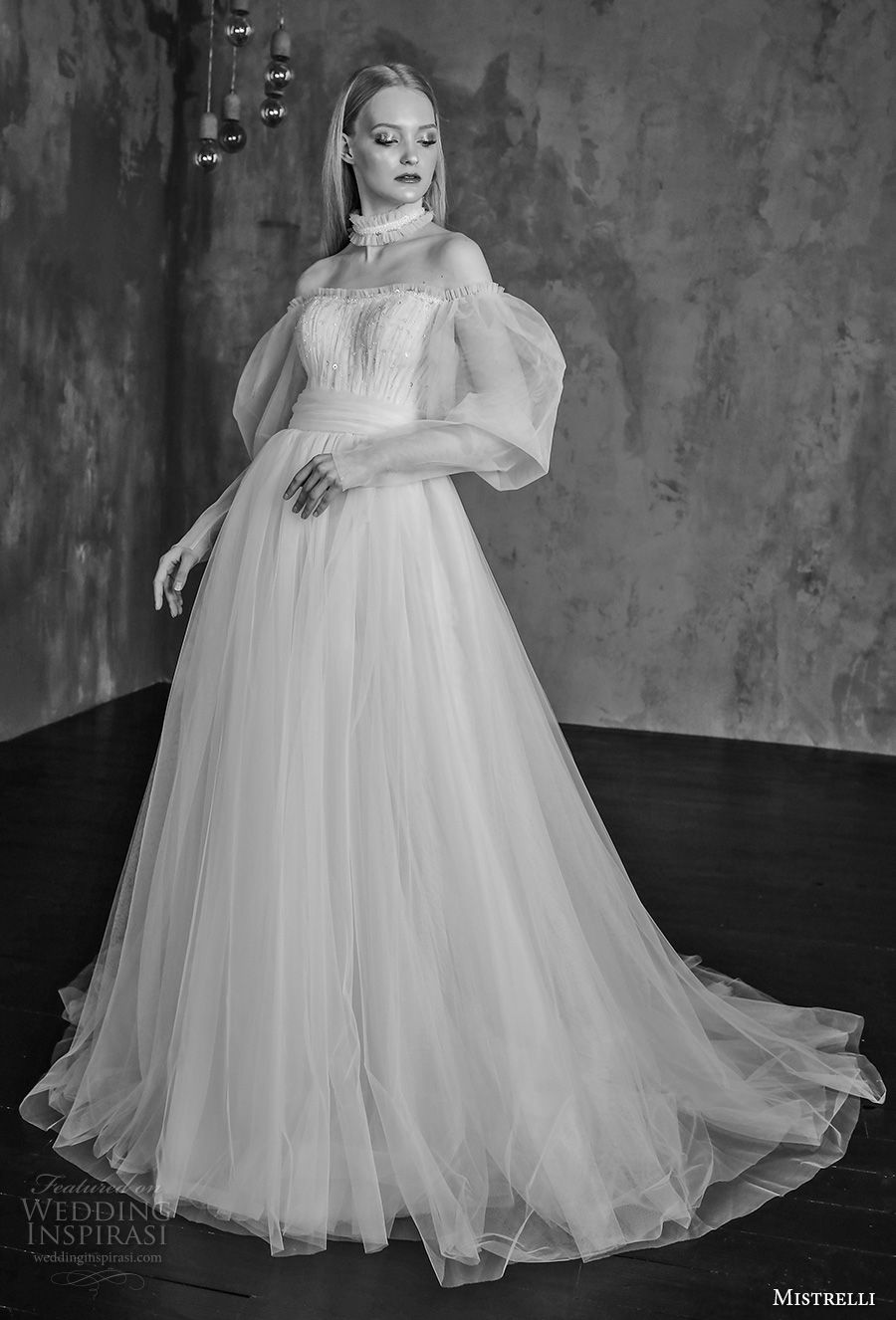 mistrelli 2019 bridal leg of mutton sleeves off the shoulder semi sweetheart neckline lightly embellished bodice romantic a  line wedding dress chapel train (8) mv