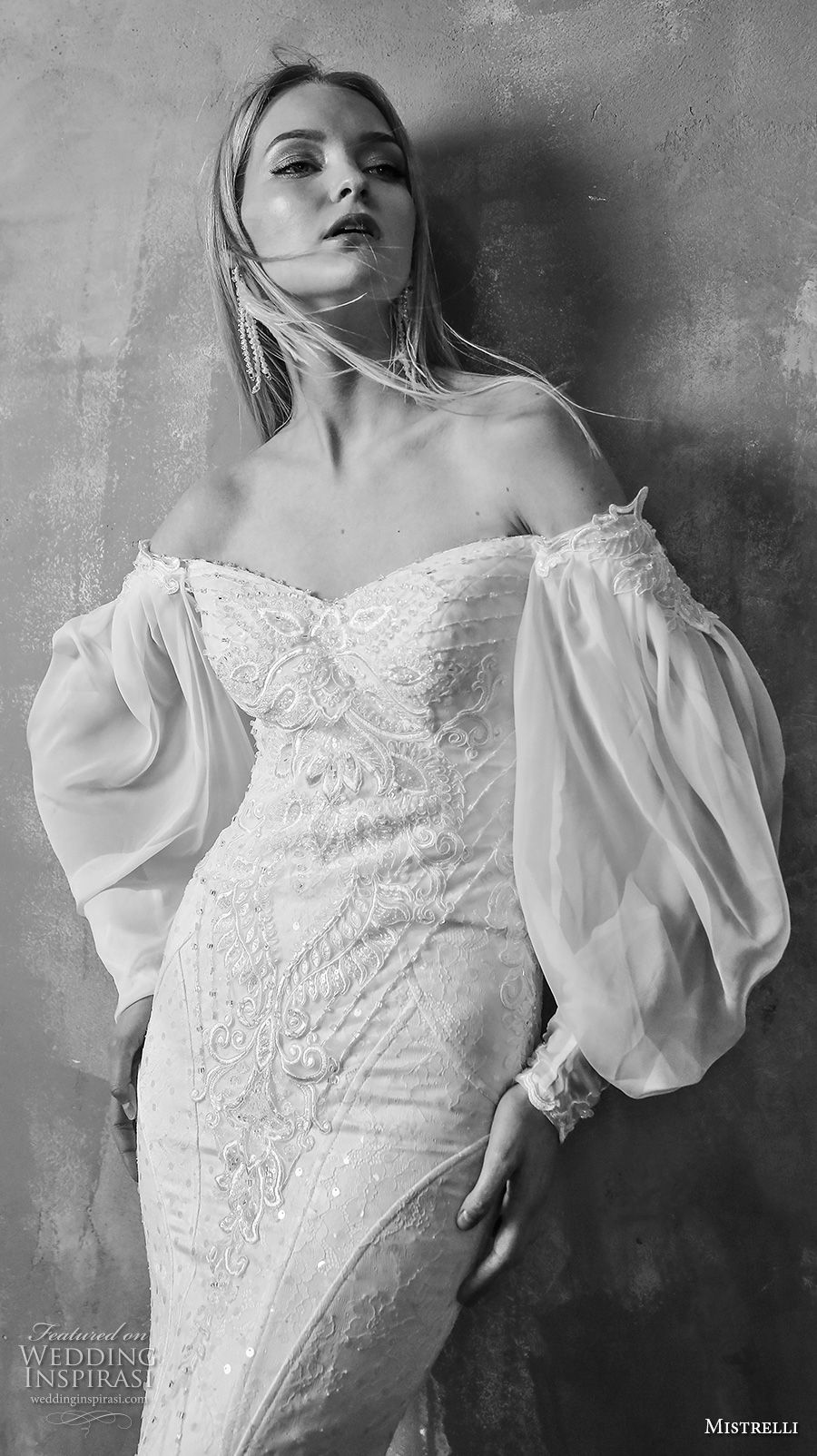 mistrelli 2019 bridal off the shoulder long poet sleeves full embellishment elegant fit and flare wedding dress chapel train (2) zv