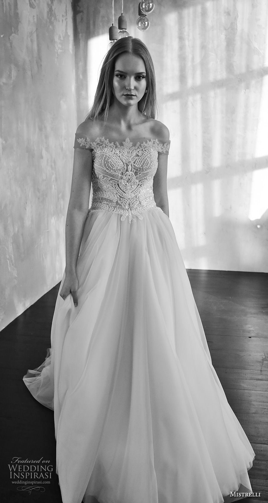 mistrelli 2019 bridal off the shoulder straight across neckline heavily embellised bodice tulle skirt glitzy romantic soft a  line wedding dress lace back chapel train (1) mv