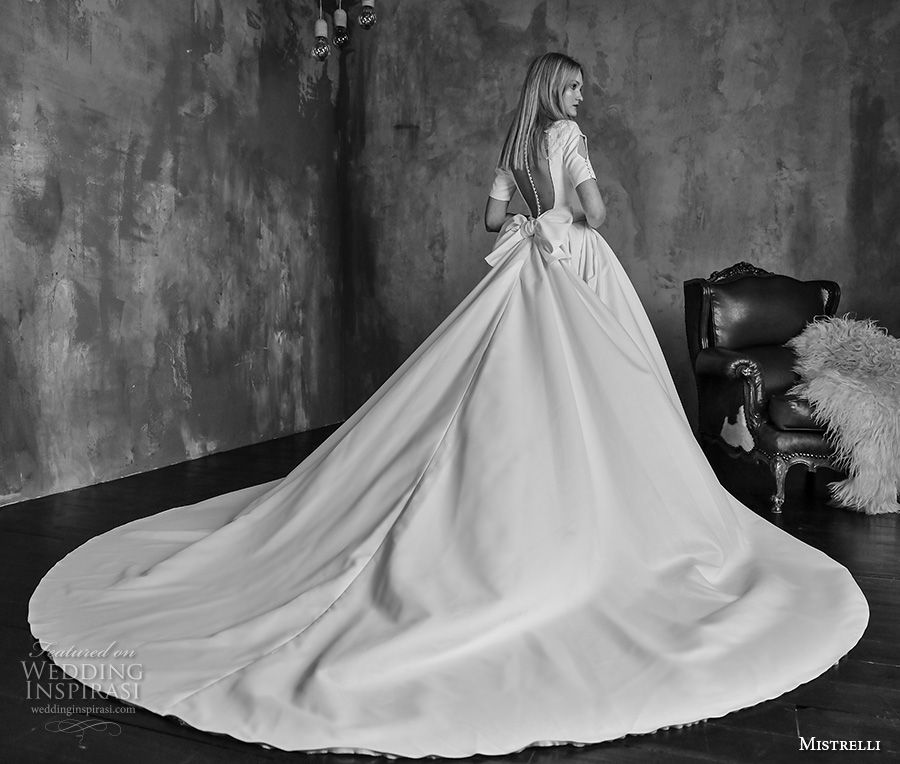 mistrelli 2019 bridal short sleeves jewel neck light embellished bodice pleated skirt simple a  line wedding dress with pocket sheer button back royal train (4) bv