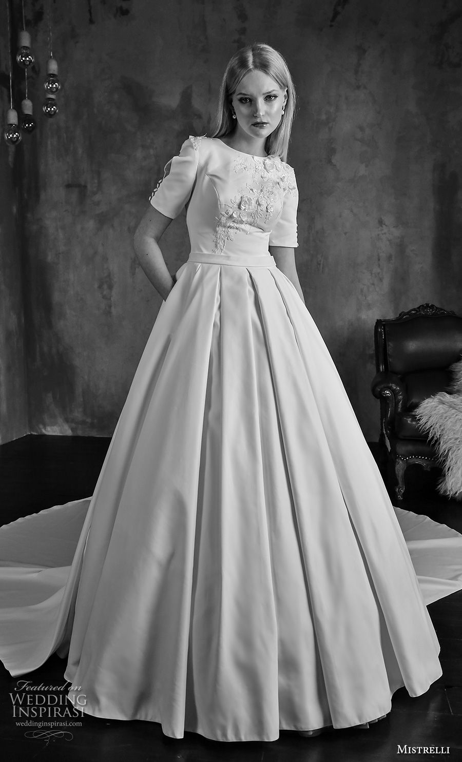 mistrelli 2019 bridal short sleeves jewel neck light embellished bodice pleated skirt simple a  line wedding dress with pocket sheer button back royal train (4) mv