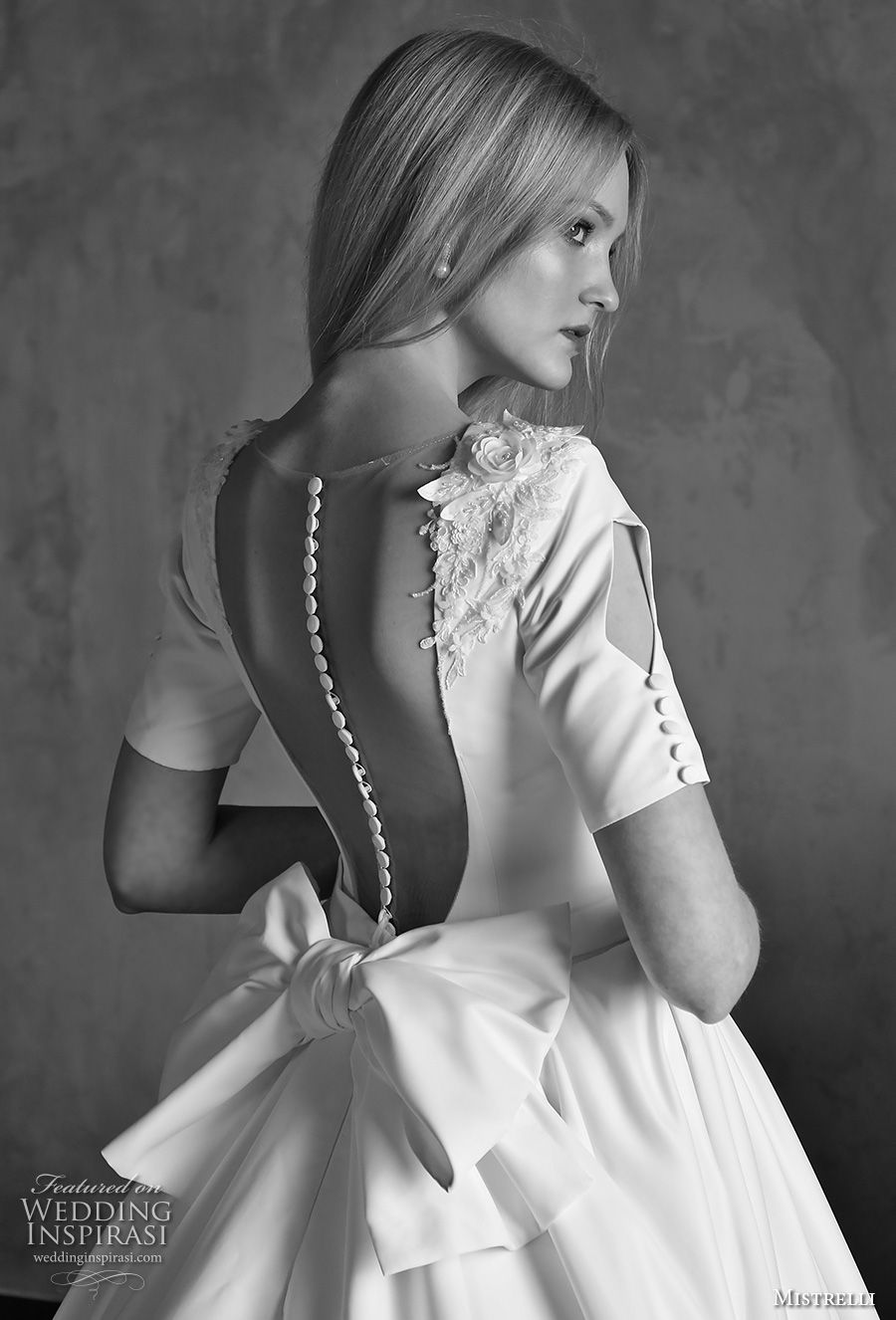 mistrelli 2019 bridal short sleeves jewel neck light embellished bodice pleated skirt simple a  line wedding dress with pocket sheer button back royal train (4) zbv