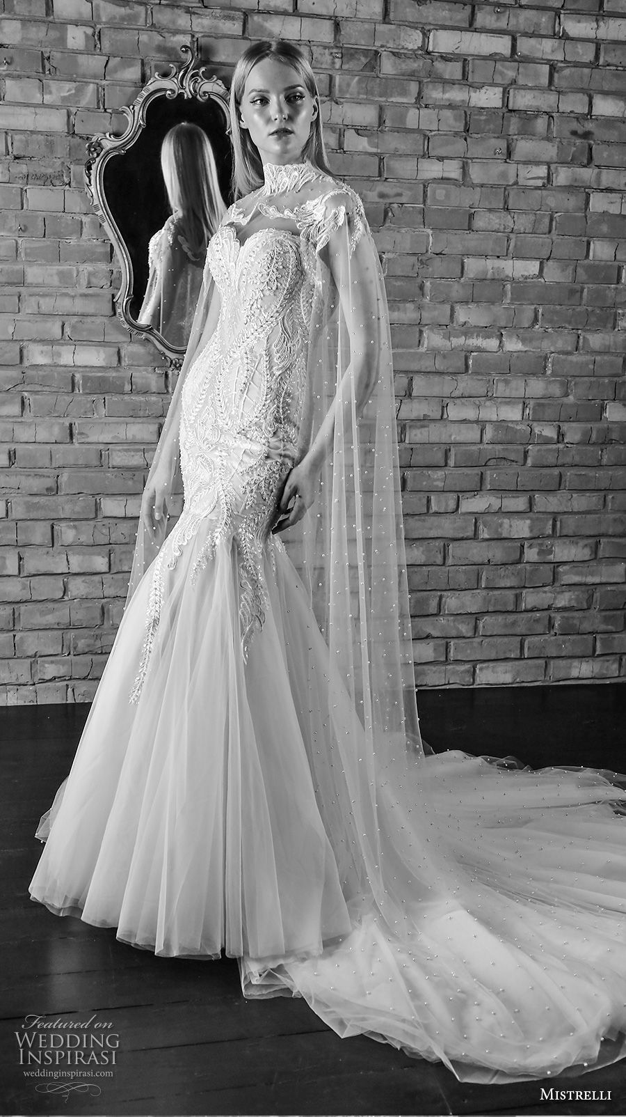 mistrelli 2019 bridal strapless sweetheart neckline heavily embellished bodice elegant mermaid wedding dress with cape chapel train (12) mv