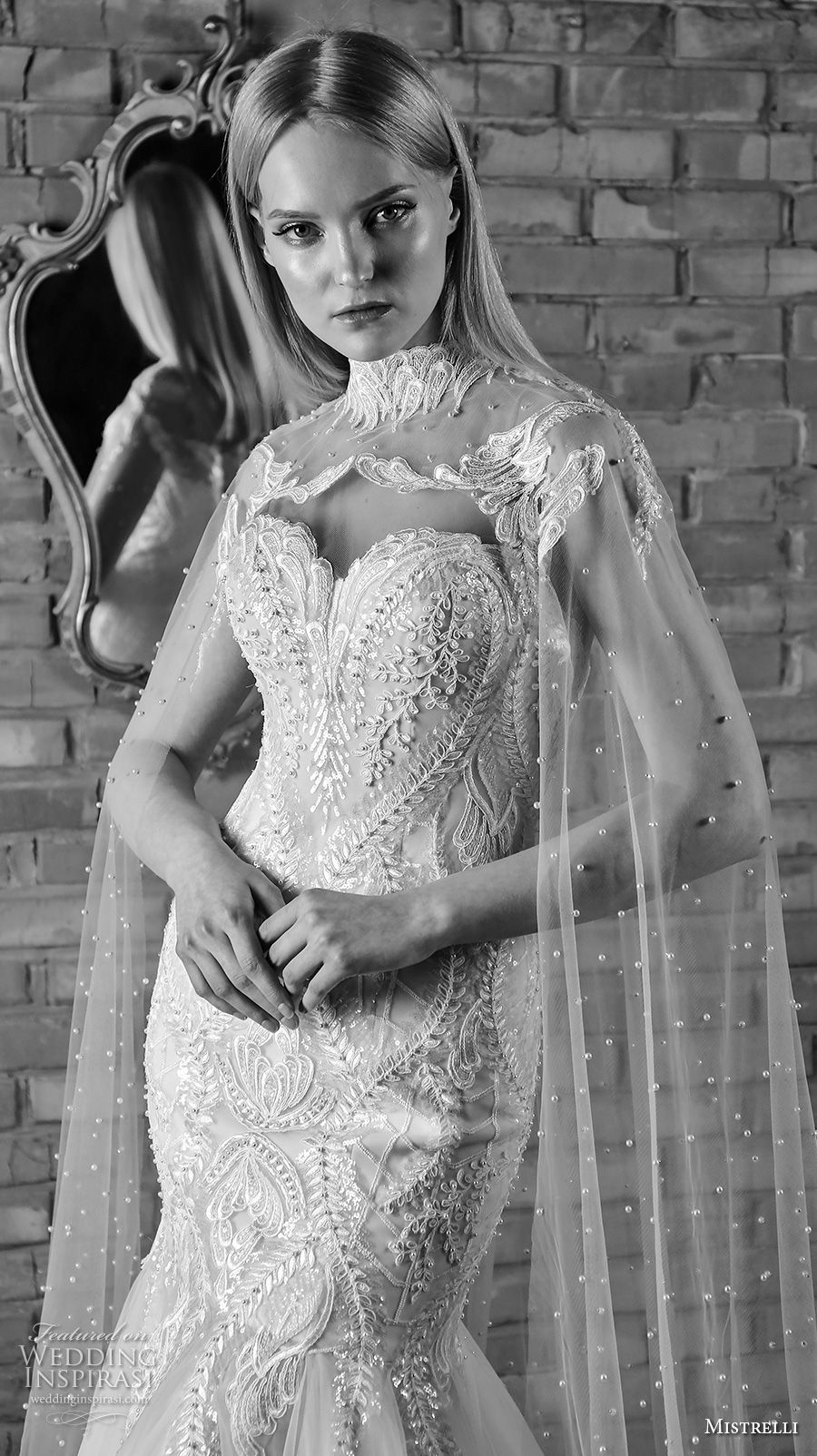 mistrelli 2019 bridal strapless sweetheart neckline heavily embellished bodice elegant mermaid wedding dress with cape chapel train (12) zv