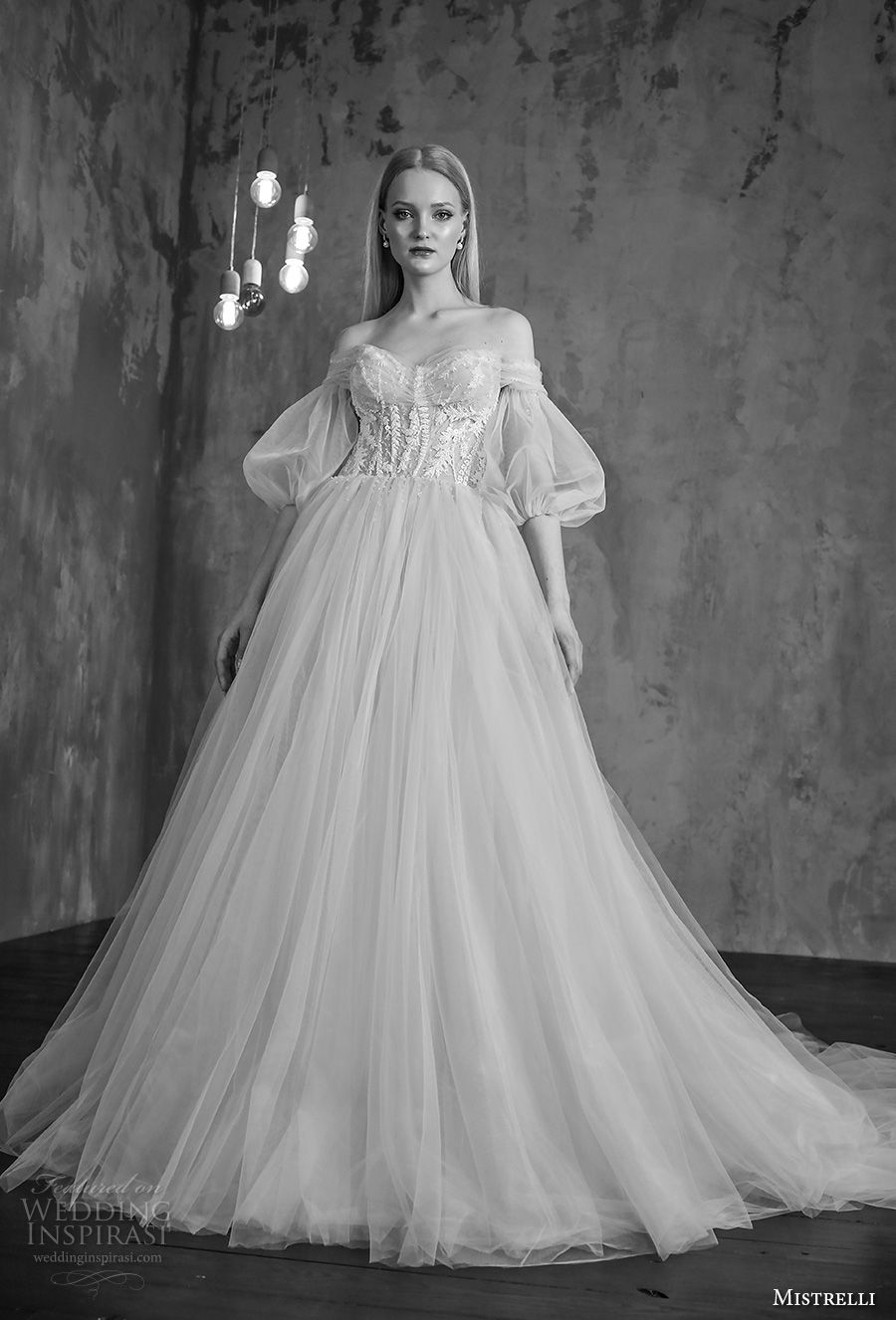 mistrelli 2019 bridal three quarter puff sleves off the shoulder sweetheart neckline heavily embellished bodice tulle skirt romantic a  line wedding dress royal train (10) mv