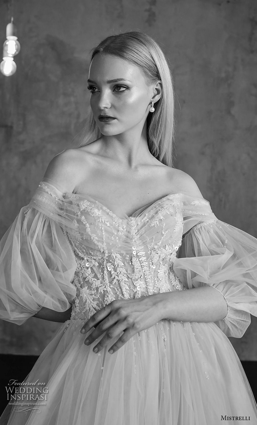 mistrelli 2019 bridal three quarter puff sleves off the shoulder sweetheart neckline heavily embellished bodice tulle skirt romantic a  line wedding dress royal train (10) zv