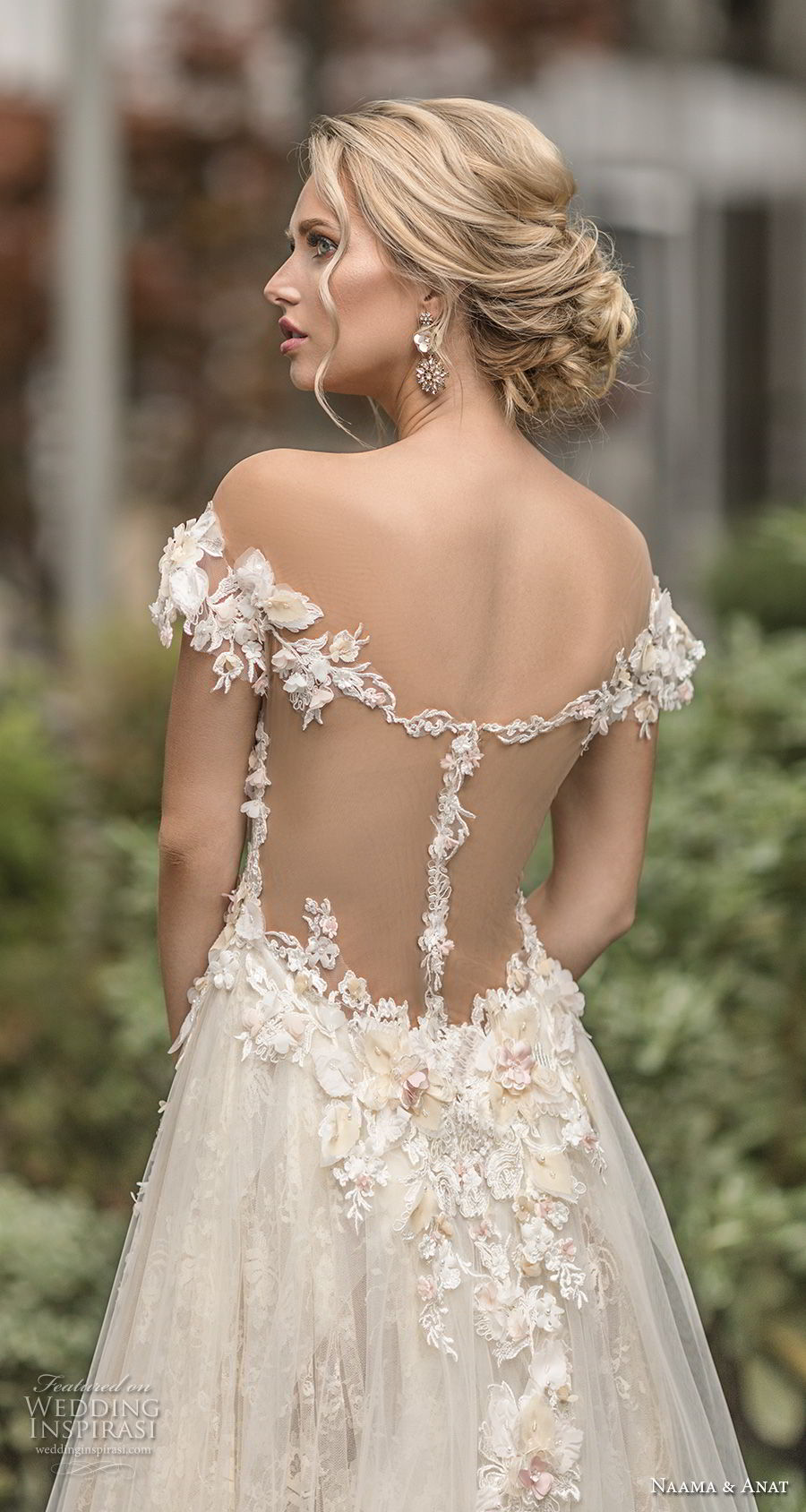 naama anat spring 2019 bridal off the shoulder deep plunging sweetheart neckline full embellishment romantic a  line wedding dress sheer back chapel train (1) bv