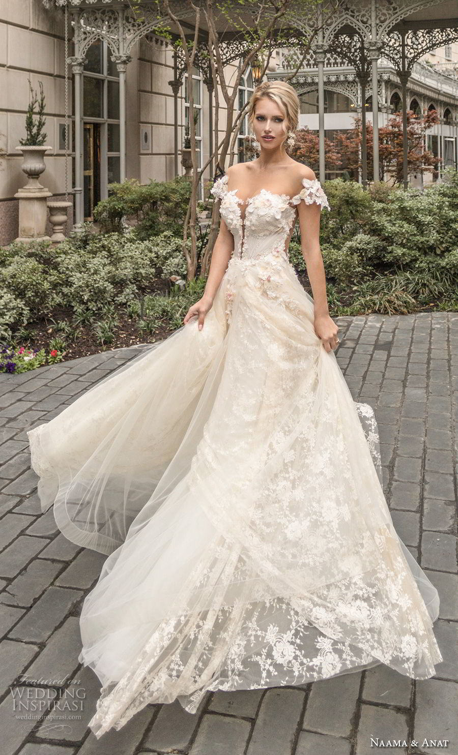 naama anat spring 2019 bridal off the shoulder deep plunging sweetheart neckline full embellishment romantic a  line wedding dress sheer back chapel train (1) mv