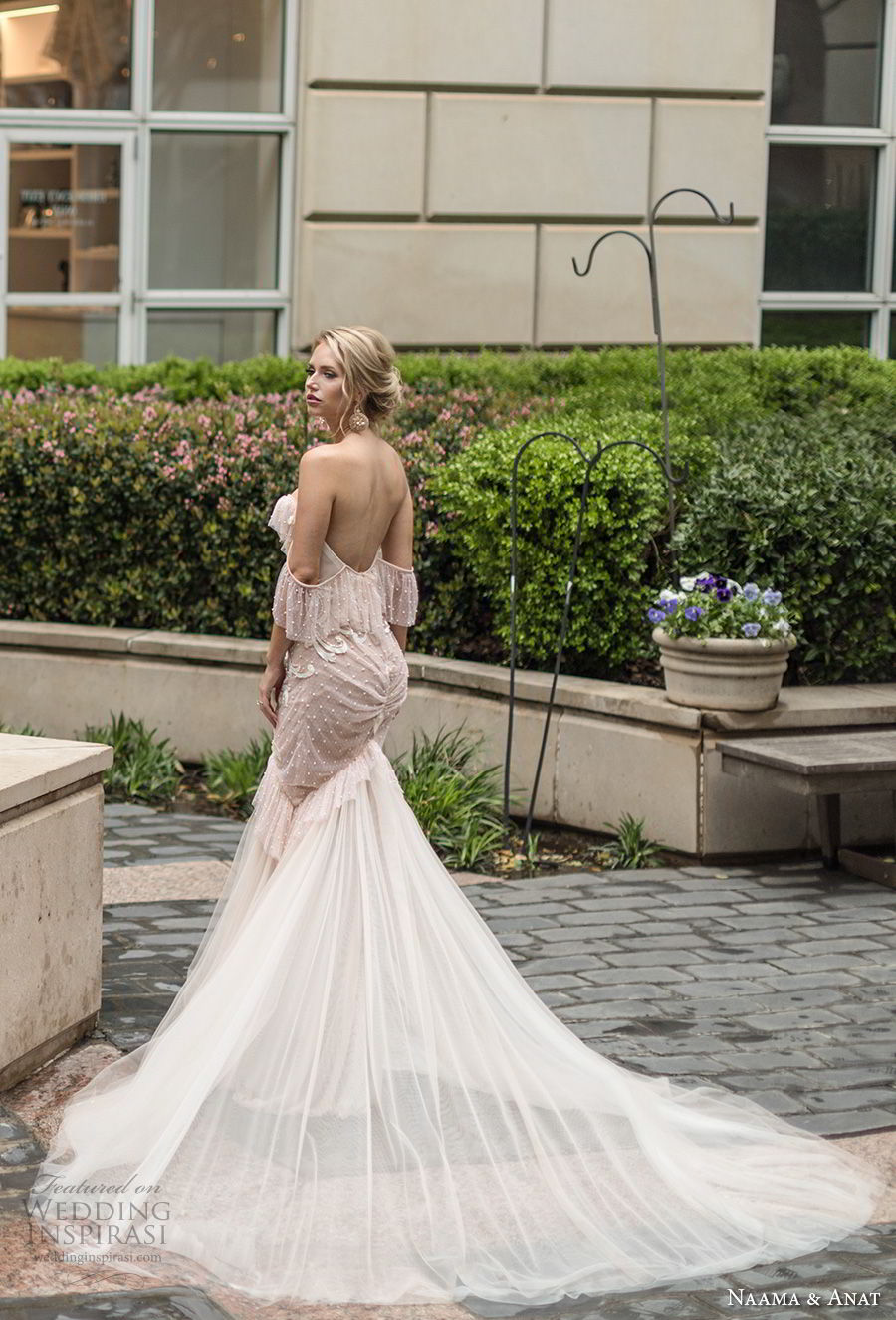 naama anat spring 2019 bridal off the shoulder sweetheart neckline heavily embellished bodice vintage blush mermaid wedding dress open back chapel train (6) bv 