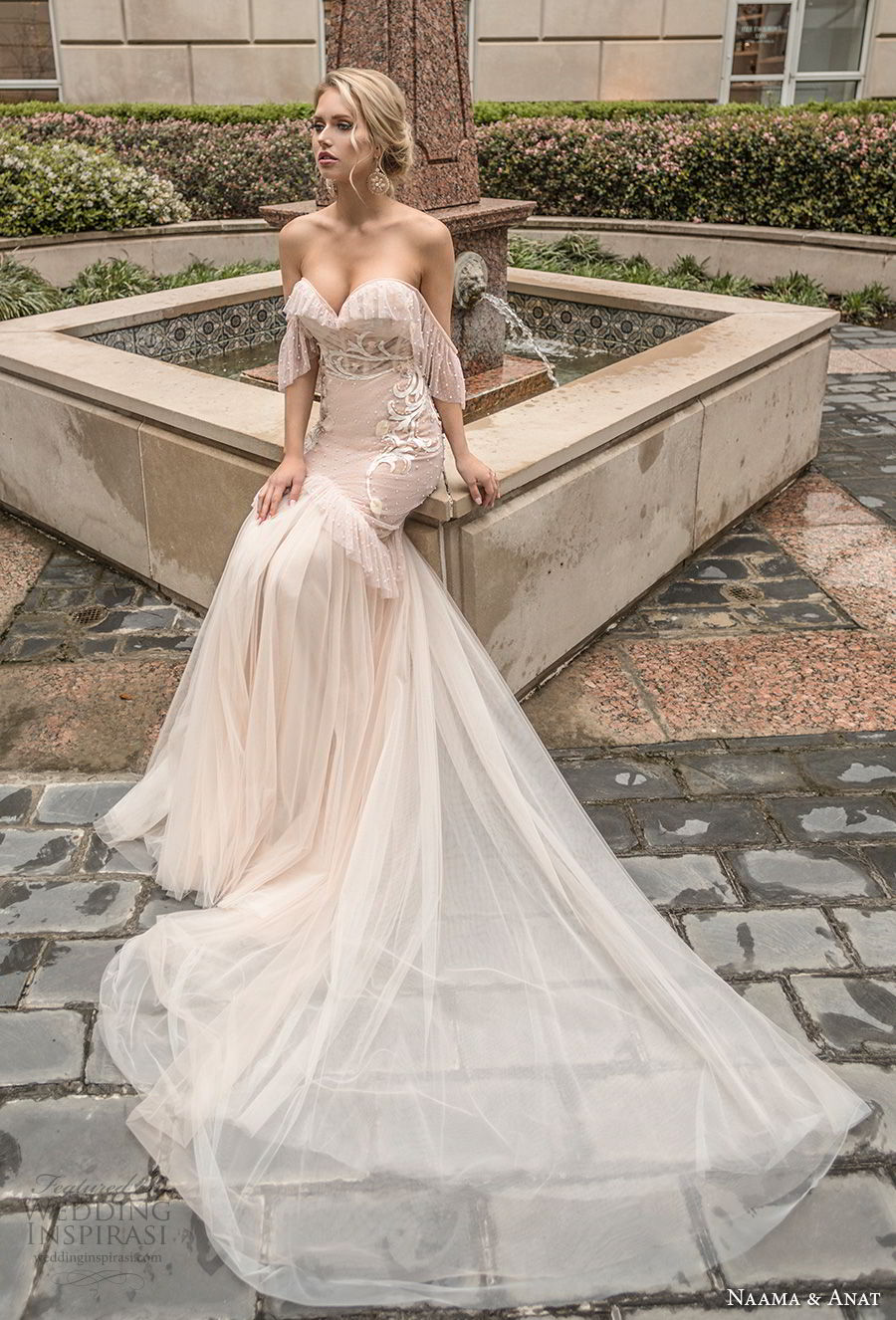 naama anat spring 2019 bridal off the shoulder sweetheart neckline heavily embellished bodice vintage blush mermaid wedding dress open back chapel train (6) mv 